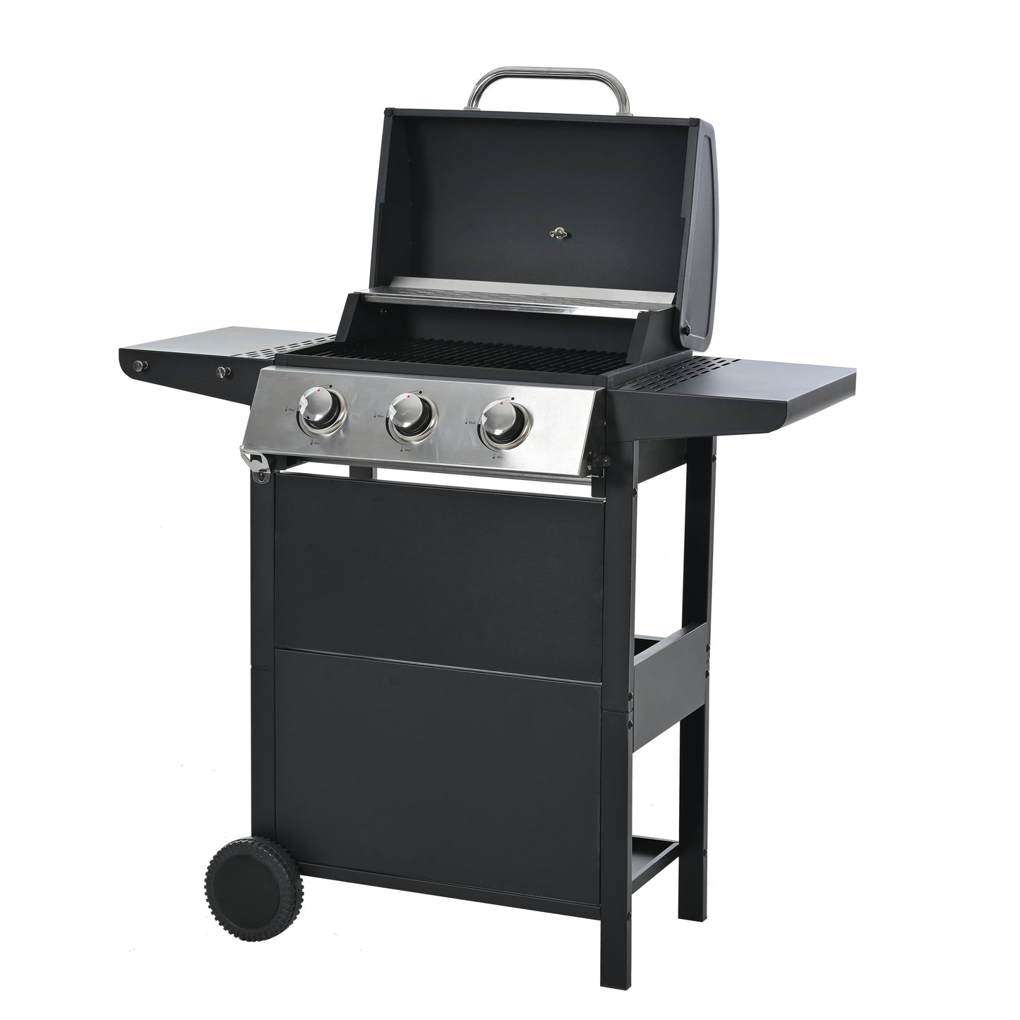 Propane Gas Grill 4 Burner Barbecue Grill, Stainless Steel 34,000 BTU Patio Garden Barbecue Grill with Two Shelves, Lid, Wheels and Bottle Opener