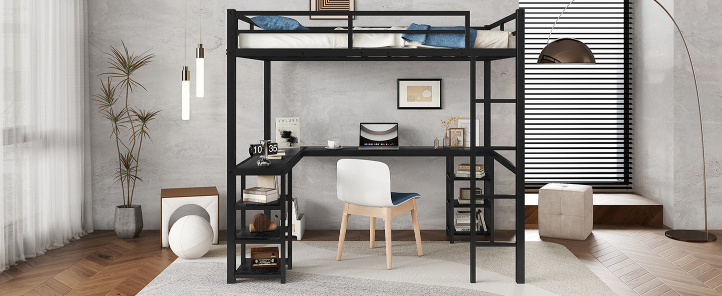 Full Metal Loft Bed with Desk and Shelves, Loft Bed with Ladder and Guardrails, Loft Bed Frame for Bedroom, Black with Black Desk