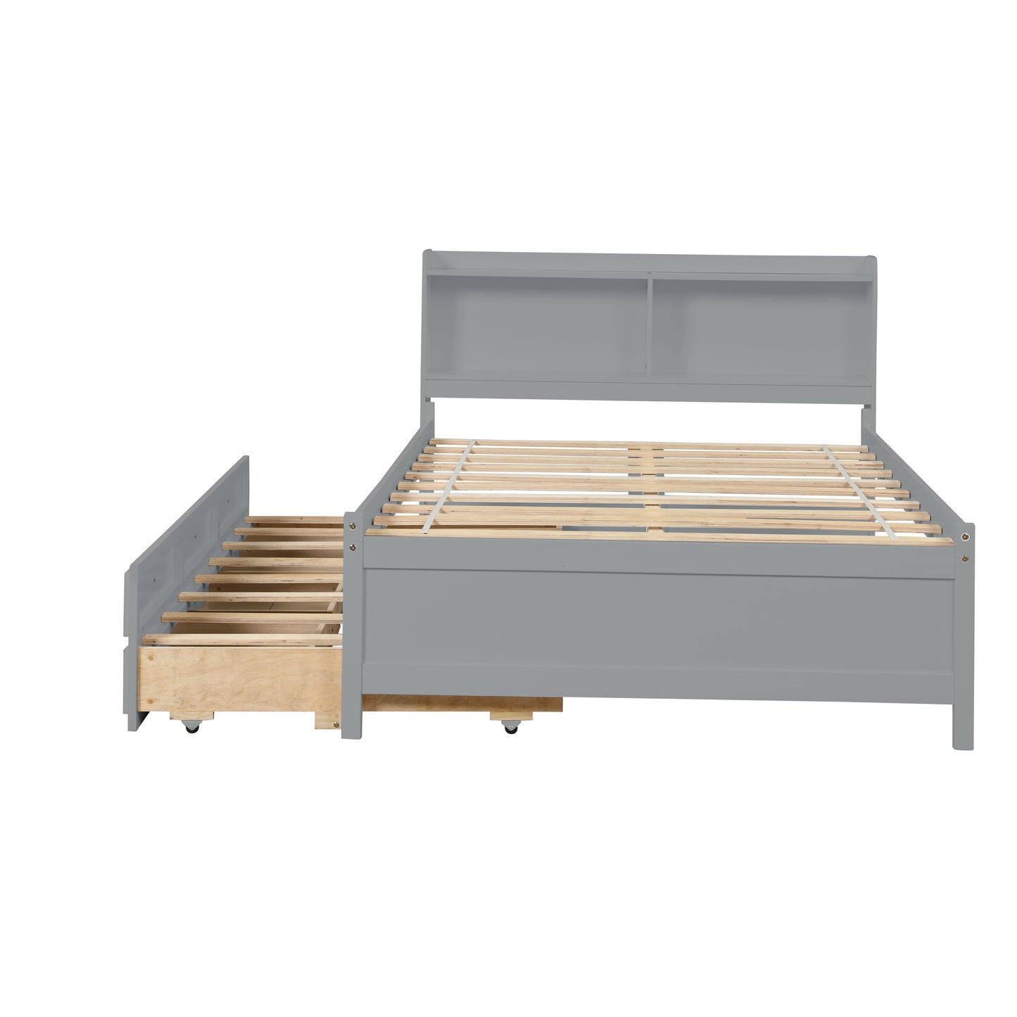 Full Bed with Bookcase,Twin Trundle,Drawers,Grey