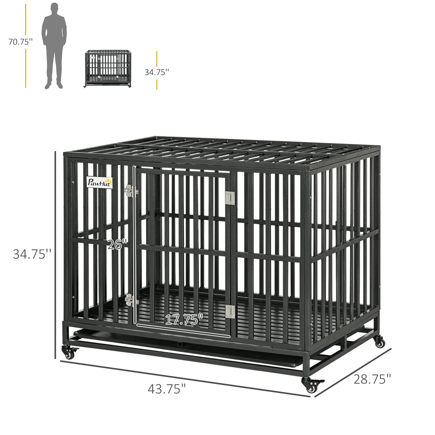 PawHut Heavy Duty Dog Crate Metal Kennel and Cage Dog Playpen with Lockable Wheels, Slide-out Tray and Anti-Pinching Floor, 45" x 29.5" x 35"