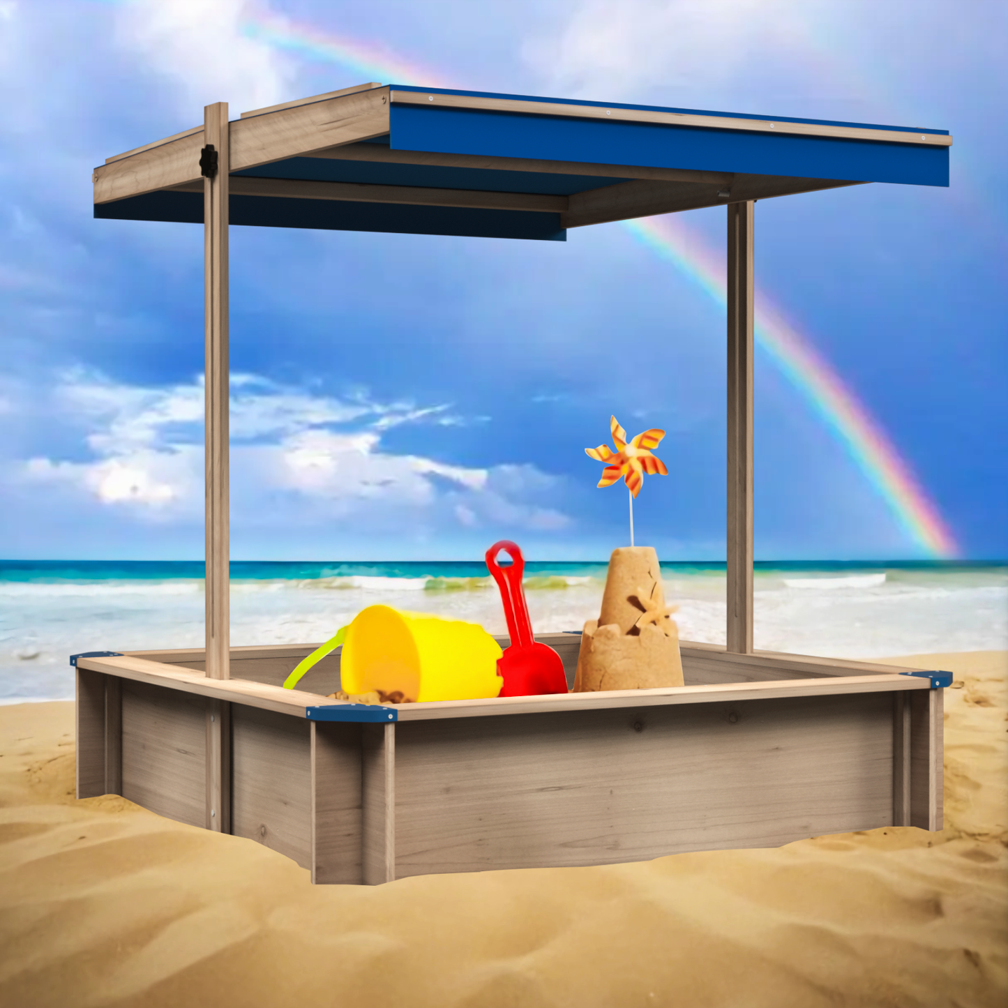 Children's Wooden Sandbox with Adjustable Canopy, Sand box with cover for Garden, Sand Pit for Kids Wood Playset Beach Patio Outdoor Backyard - Upgrade Retractable, Natural