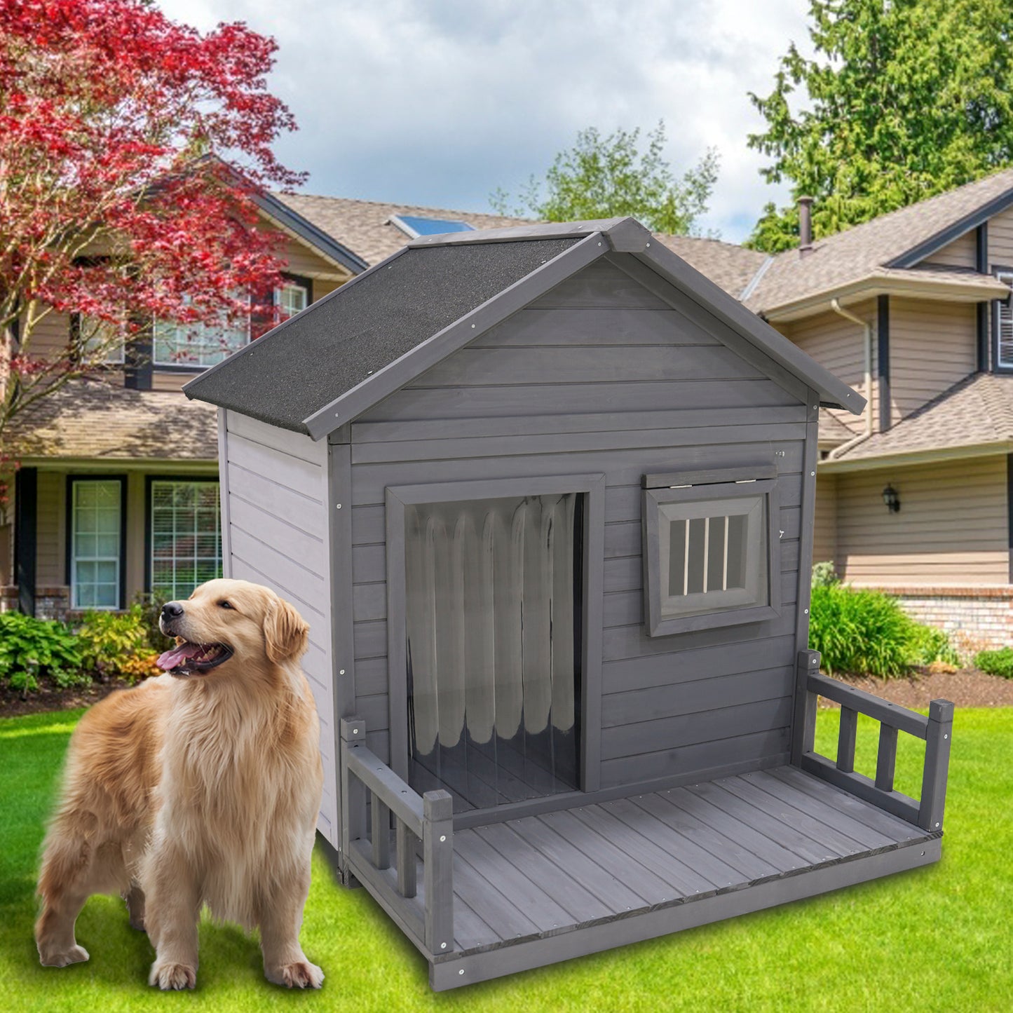 Large dog house, 44.2" long x 44.6" wide x 44.6" high solid wood asphalt roof dog house for large dogs with large terrace, weatherproof large dog house