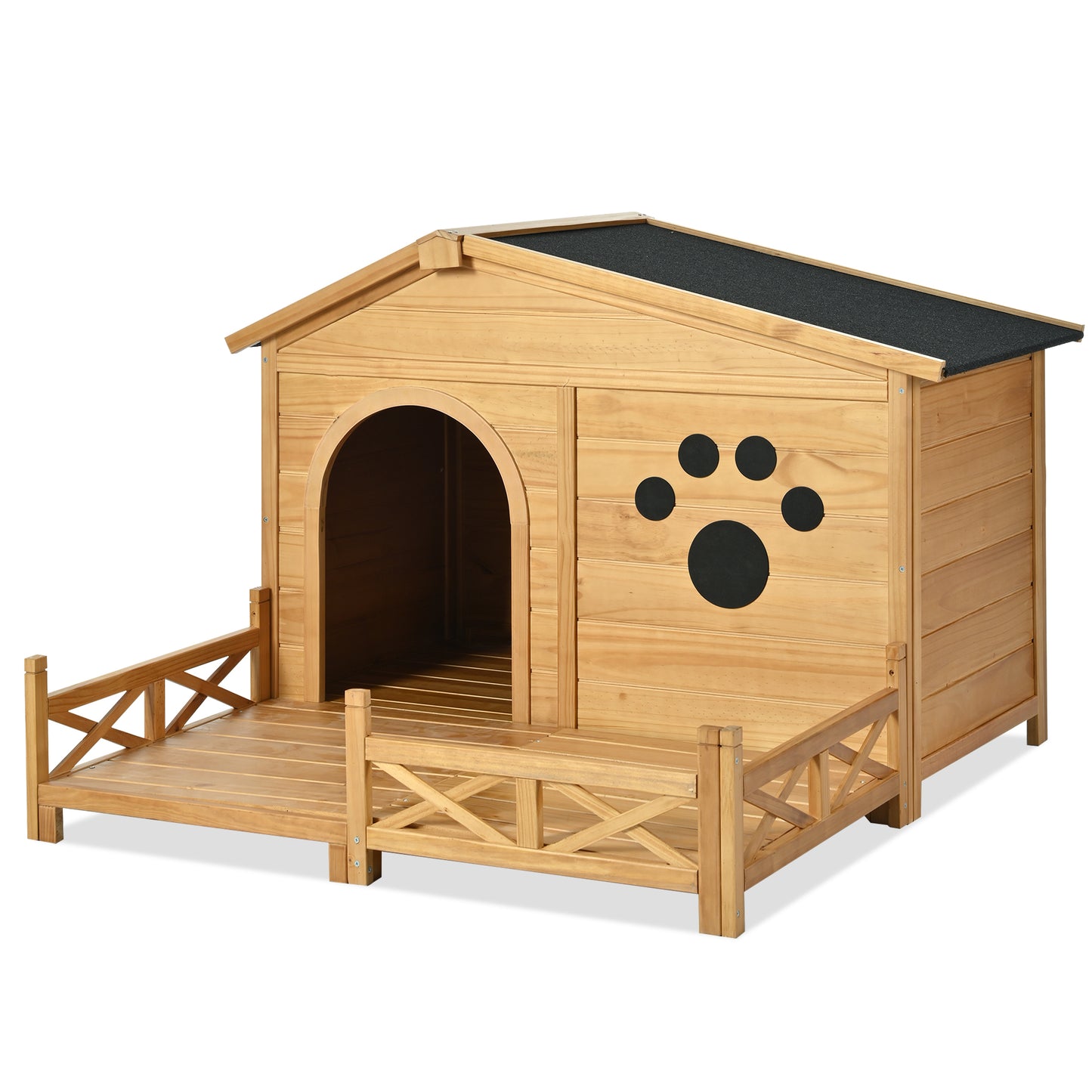 48" Wooden Dog House Outdoor with Porch, Dog Kennel with Water-Resistant Asphalt Roof and Fencing,Indoor & Outdoor Dog Crate with Paw Print, Medium, Nature