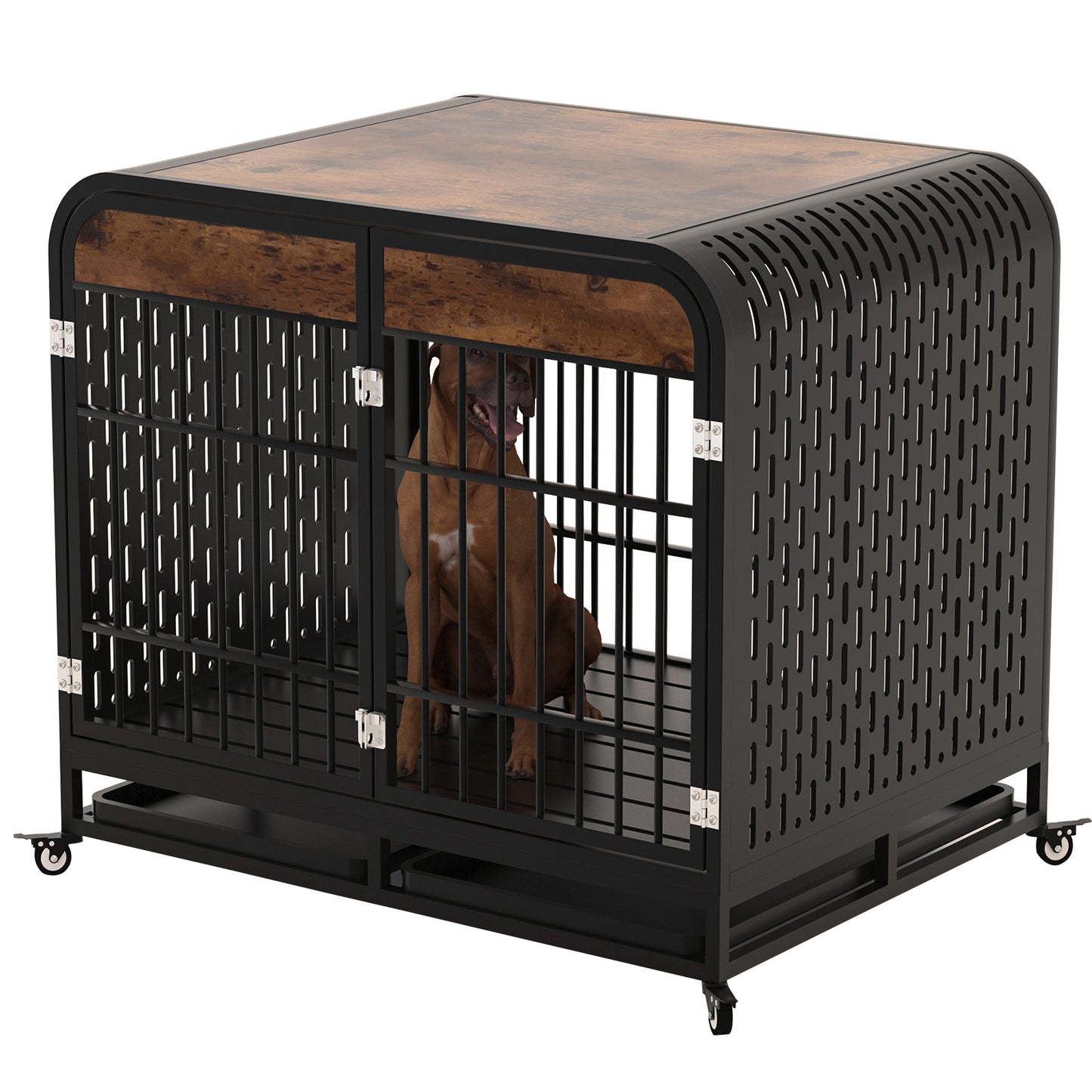 Heavy Duty Dog Crate Furniture Wooden Table Pet Dog Cage Kennel House Indoor Side End Table Decor with Removable Trays and Lockable Wheels for Medium and Large Dogs 42" Brown