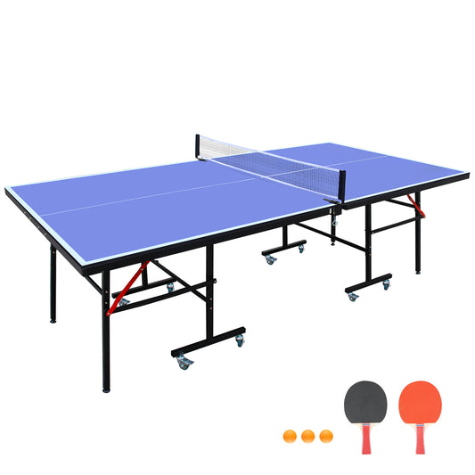 8ft Mid-Size Table Tennis Table Foldable & Portable Ping Pong Table Set for Indoor Games with Net, 2 Table Tennis Paddles and 3 Balls