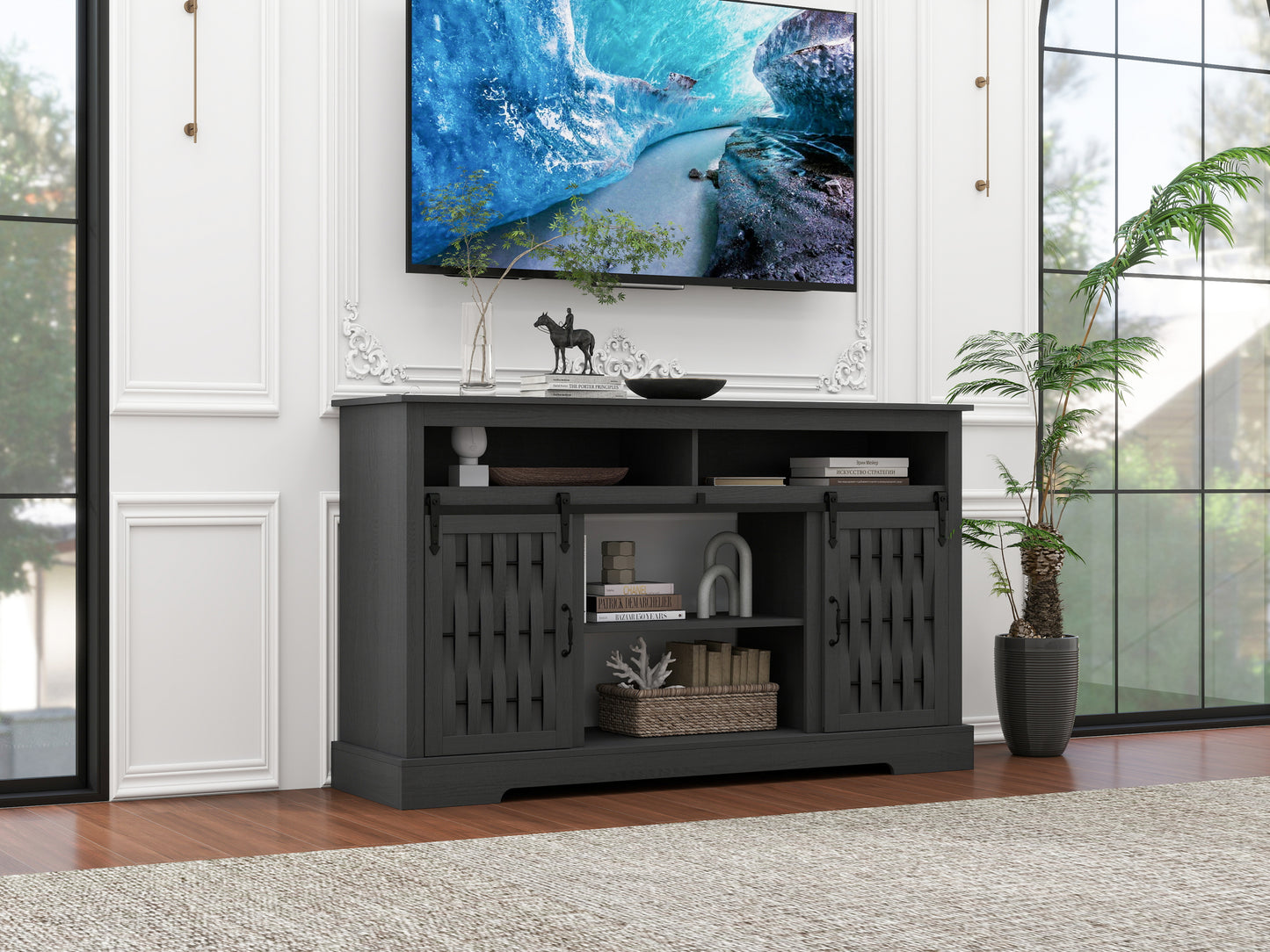 Fireplace TV Stand for TVs up to 65", Entertainment Center with 23" Electric Fireplace, Farmhouse TV Stand Industrial Media Console with Sliding Barn Door for Living Room, 58 Inch