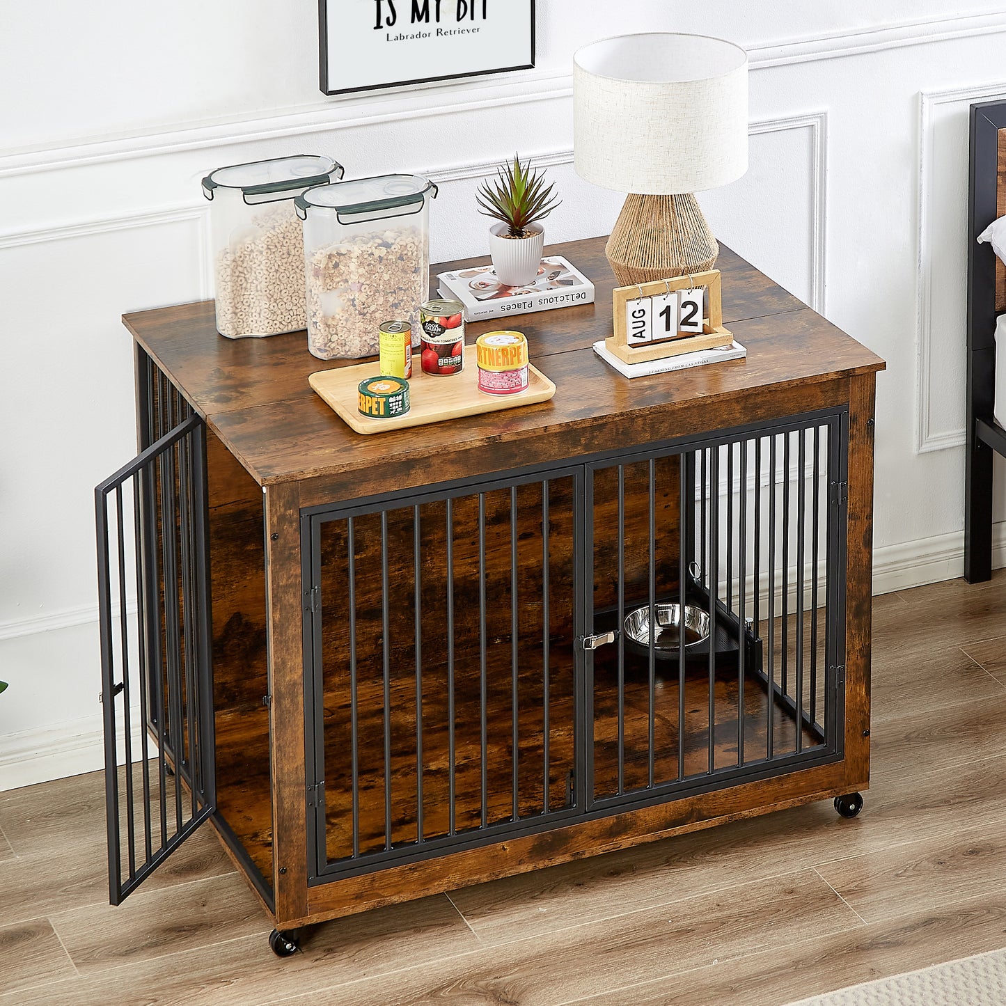 Furniture Style Dog Crate Side Table With Rotatable Feeding Bowl, Wheels, Three Doors, Flip-Up Top Opening. Indoor, Rustic Brown, 43.7"W x 30"D x 33.7"H