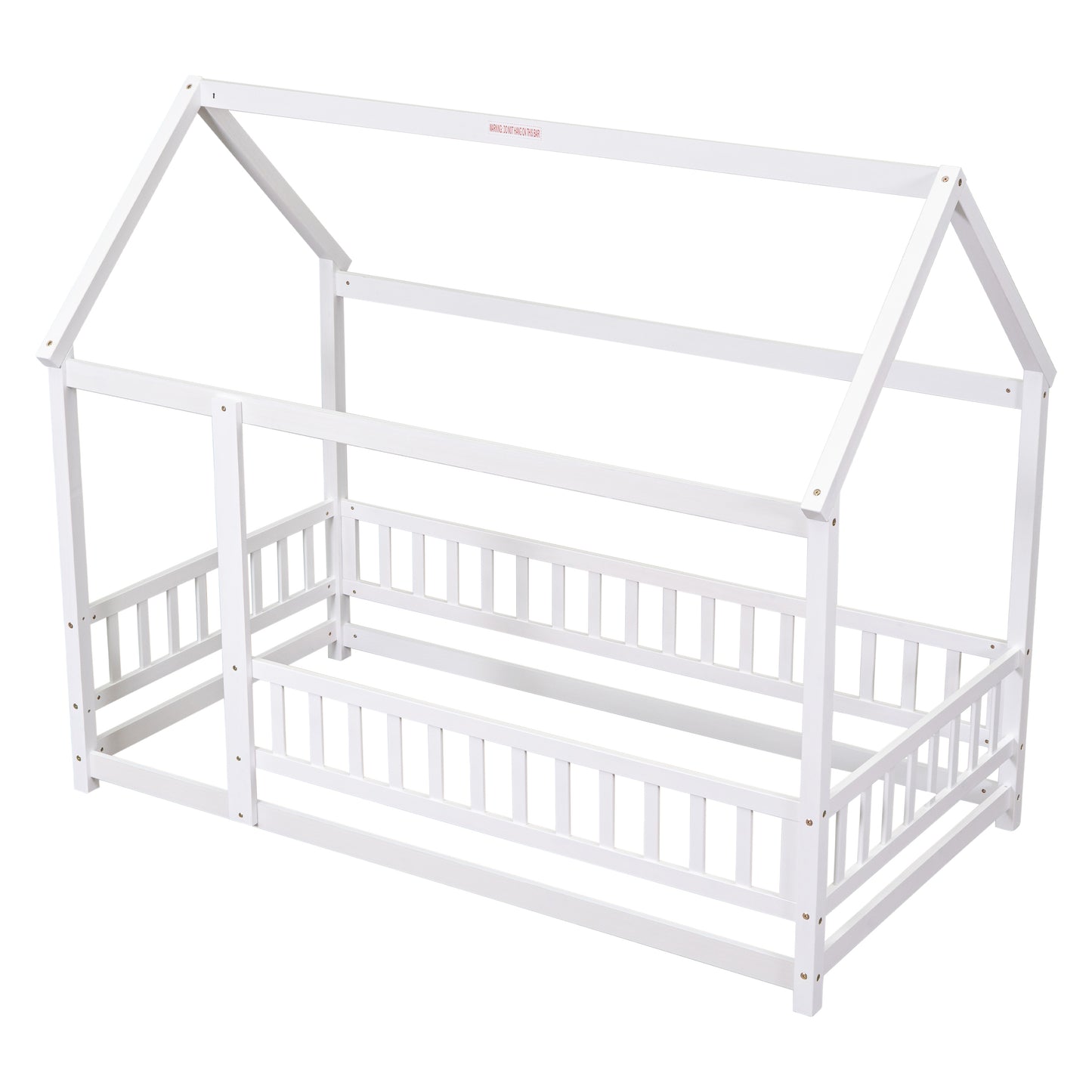 Twin Size Floor Wooden Bed with House Roof Frame, Fence Guardrails,White(Old SKU:W50471472)