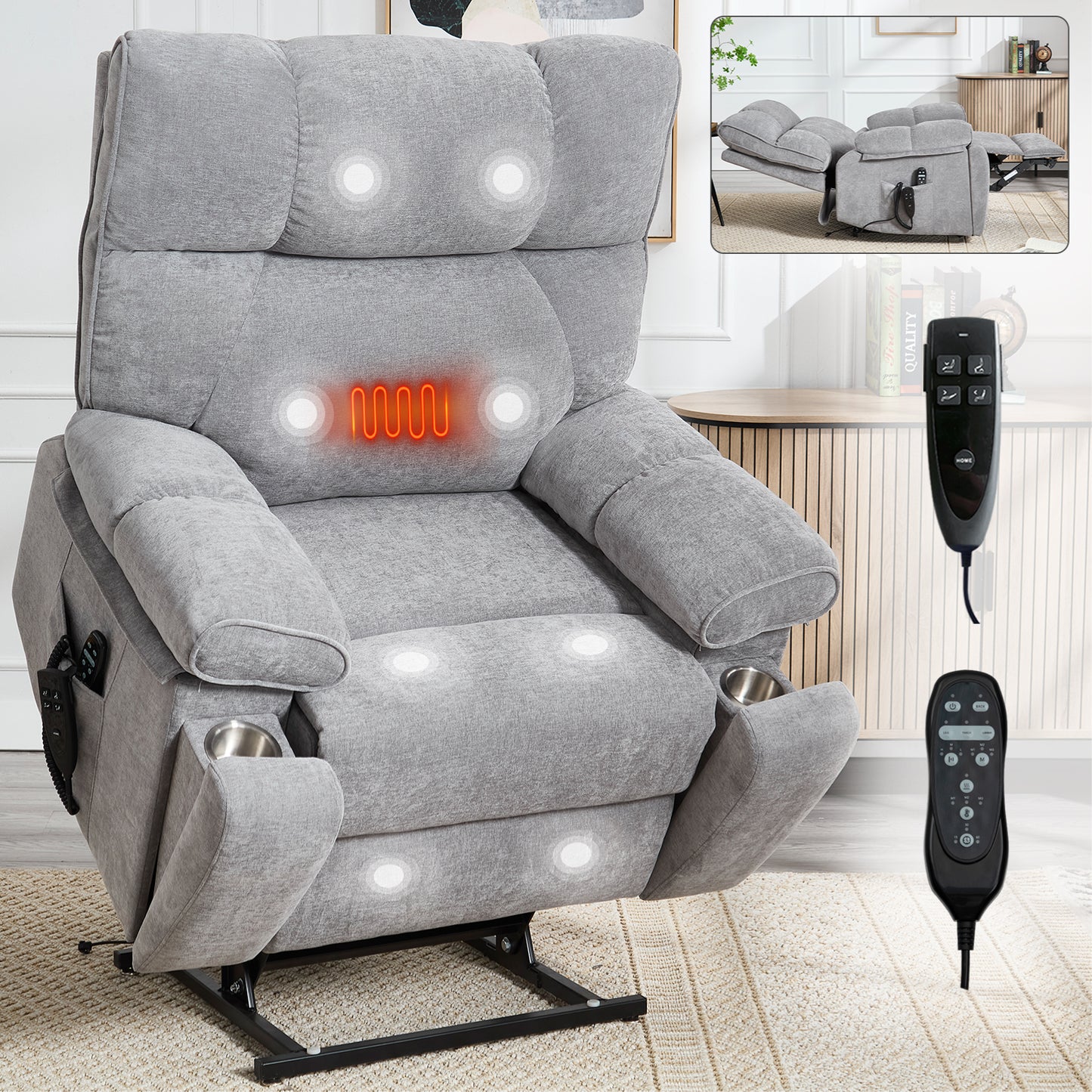 Grey Heat Massage Dual Motor Infinite Position Up to 350 LBS Large Electric Power Lift Recliners with Hidden Cup Holders, Power-Remote, Medium-firm and Heavy Duty