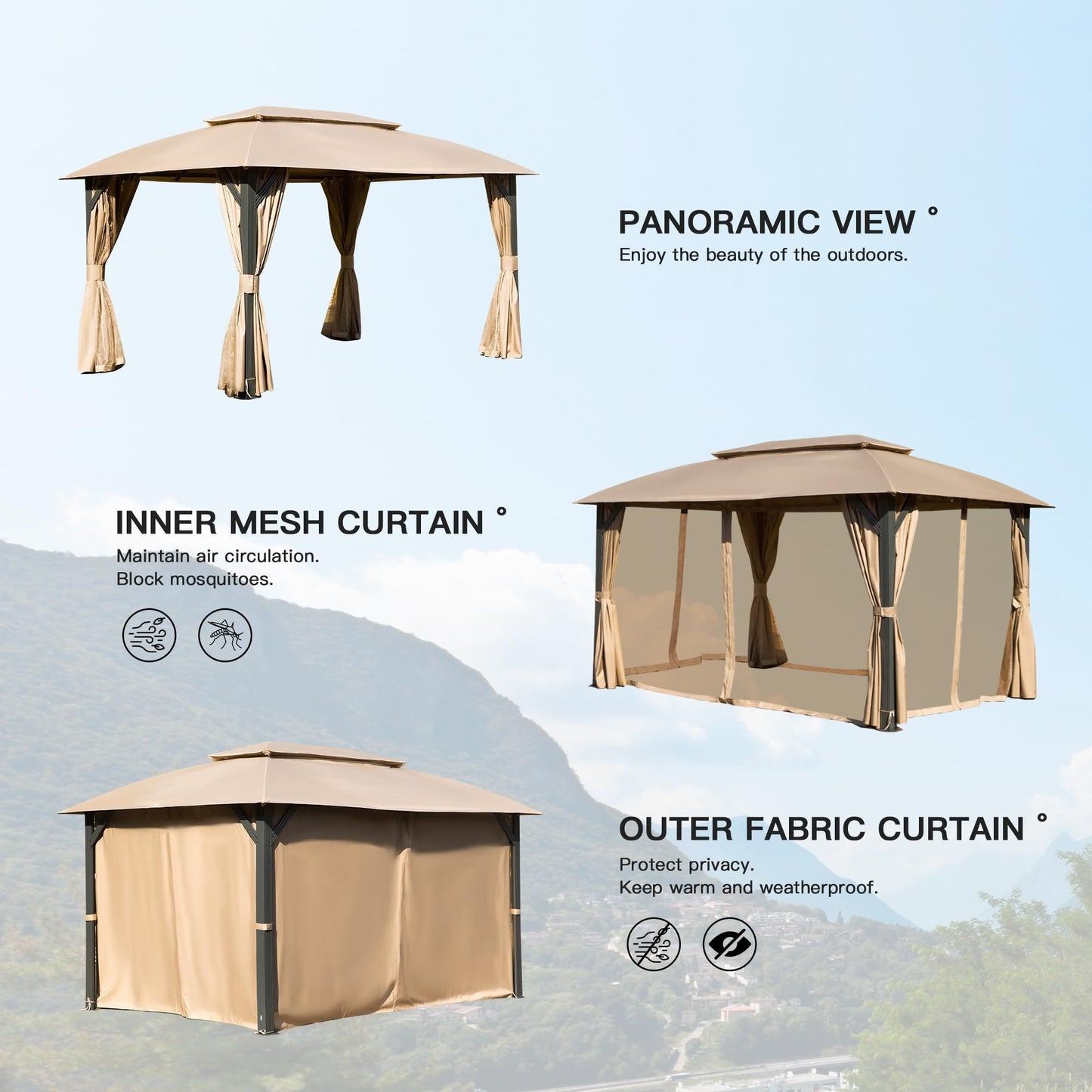 Gazebo 10x14FT, Outdoor Gazebo with Double Roofs, Privacy Curtains, Mosquito Nettings, Heavy Duty Metal Frame Party Tent Canopy for Patio, Backyard, Deck, Lawn, Brown