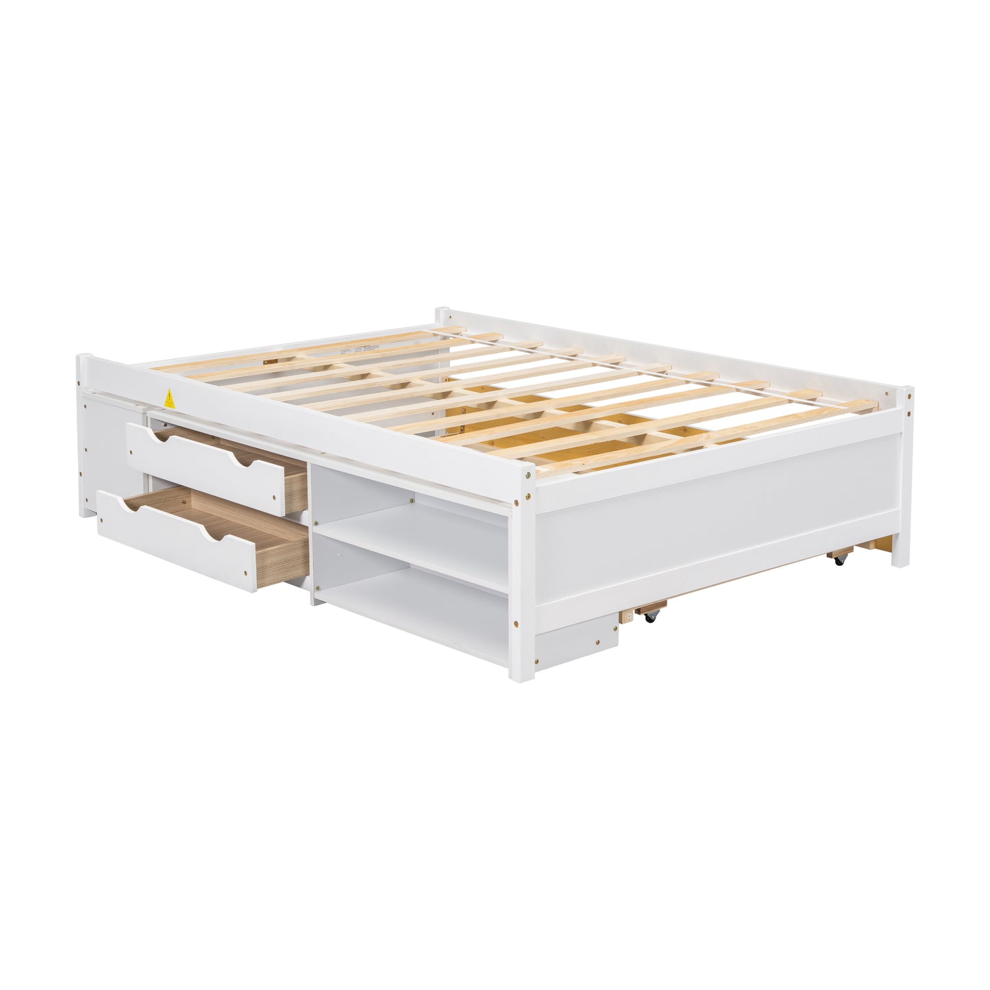 Full Size Storage Bed , Solid Wood Bed with Trundle, Under bed Storage Box of 2 Drawers, Shelves, and Nightstand ,White