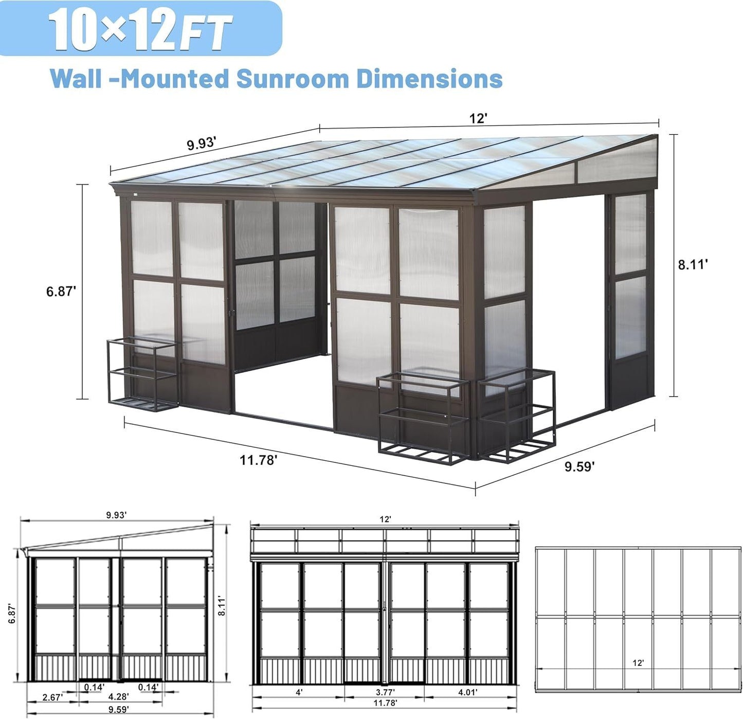 10x12FT All Season Sunroom, Outdoor Permanent Wall Mounted Solarium with Detachable Polycarbonate Windows, Aluminum Lean to Gazebo Sun Room with 2 Lockable Sliding Doors for Garden Patio Deck