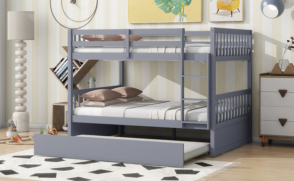 Full Over Full Rubber Wood Bunk Bed with Trundle, Ladder and Guardrails, Convertible to 2 Full Size Beds, with Twin Size Trundle ,Grey(Old Sku:W504S00250)