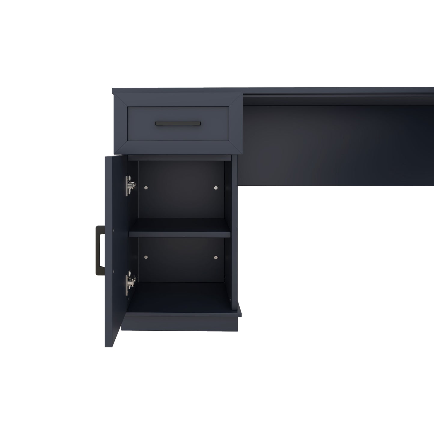 L-shaped computer desk with 2 cabinets and 2 drawers underneath the table, 11 open shelves and a flip-up shelf with storage on the right side, suitable for study, living room and office, Antique Blue