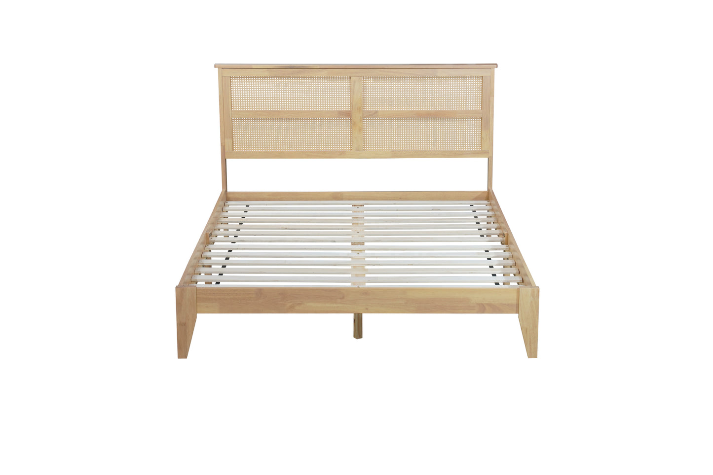 Queen Size Rubber Wooden, Solid Wooden Bed with Rattan Headboard, Enhanced by Support Feet,Oak White