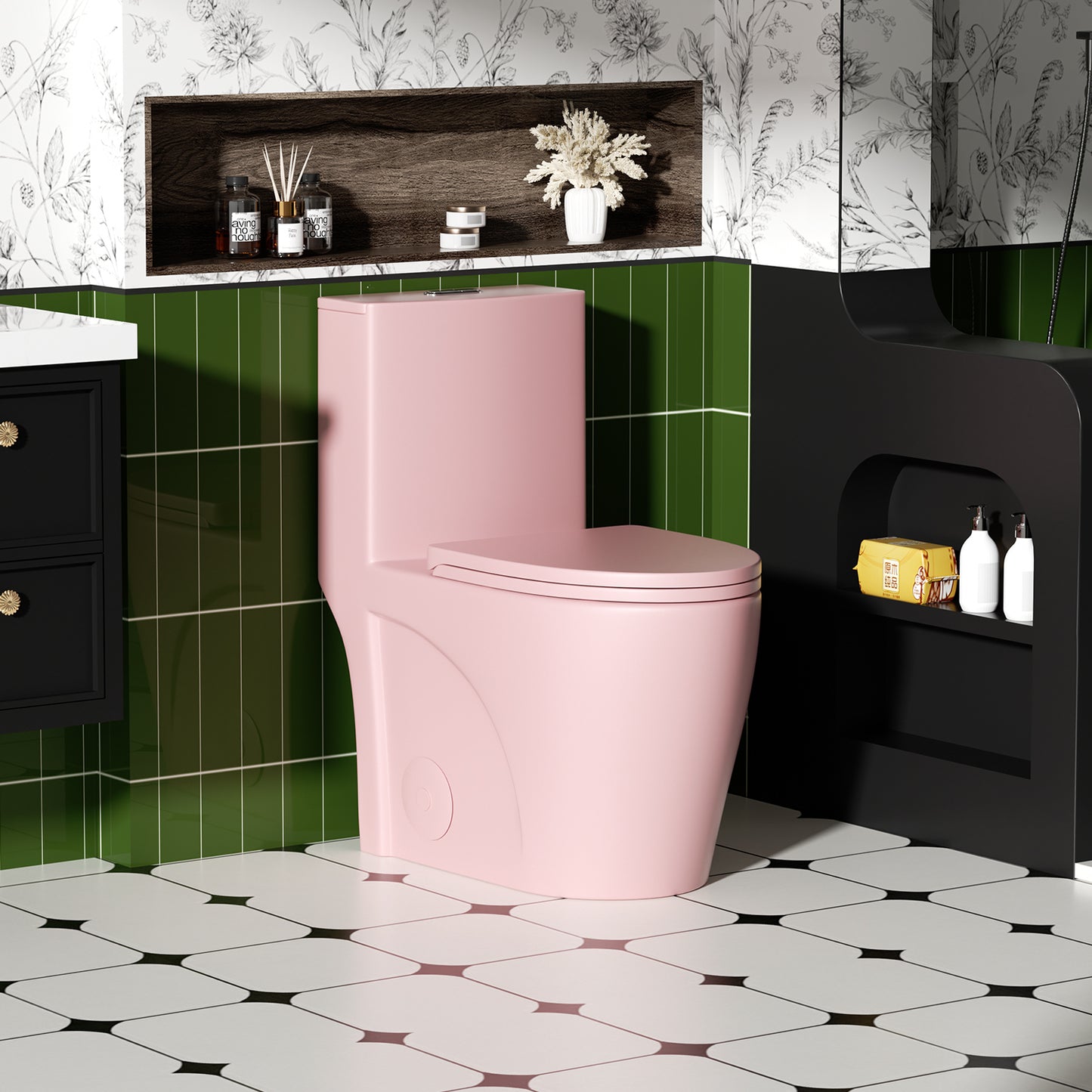 1.1/1.60 GPF Dual-Flush One Piece Toilet, Water-Saving Elongated Comfort Height Floor Mounted, Button on Tank top S-trap,12 inches, Soft Close 1000 Gram Map Flushing Score Toilet, Pink Flower PF-001
