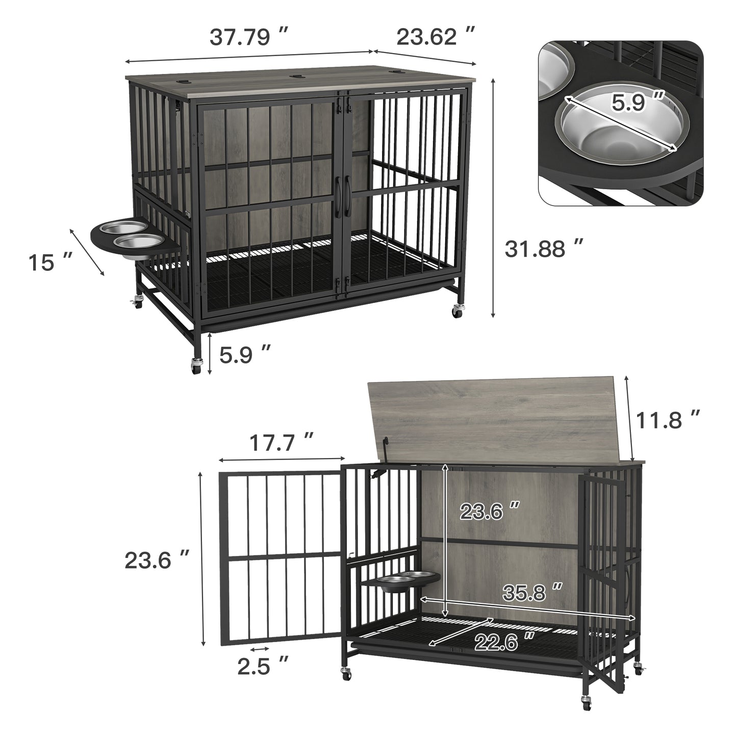 Modern Kennel Dogs room up to 80 LB, Dog crate furniture with Multi-Purpose Rremovable Ttray, Double-Door Dog House, lift Panel, 360 Degree Rotation -3 Height Adjustable Feeding Bowls(Grey)