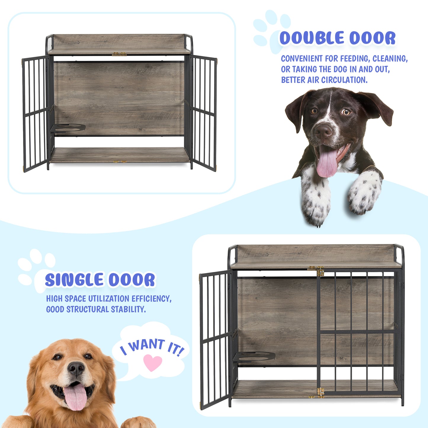 GO 39'' Indoor Metal Dog Crate with Double Doors, Wooden Side End Table Crate, Dog Crate Furniture with Adjustable Feeder Stand, for Medium Dog, Gray