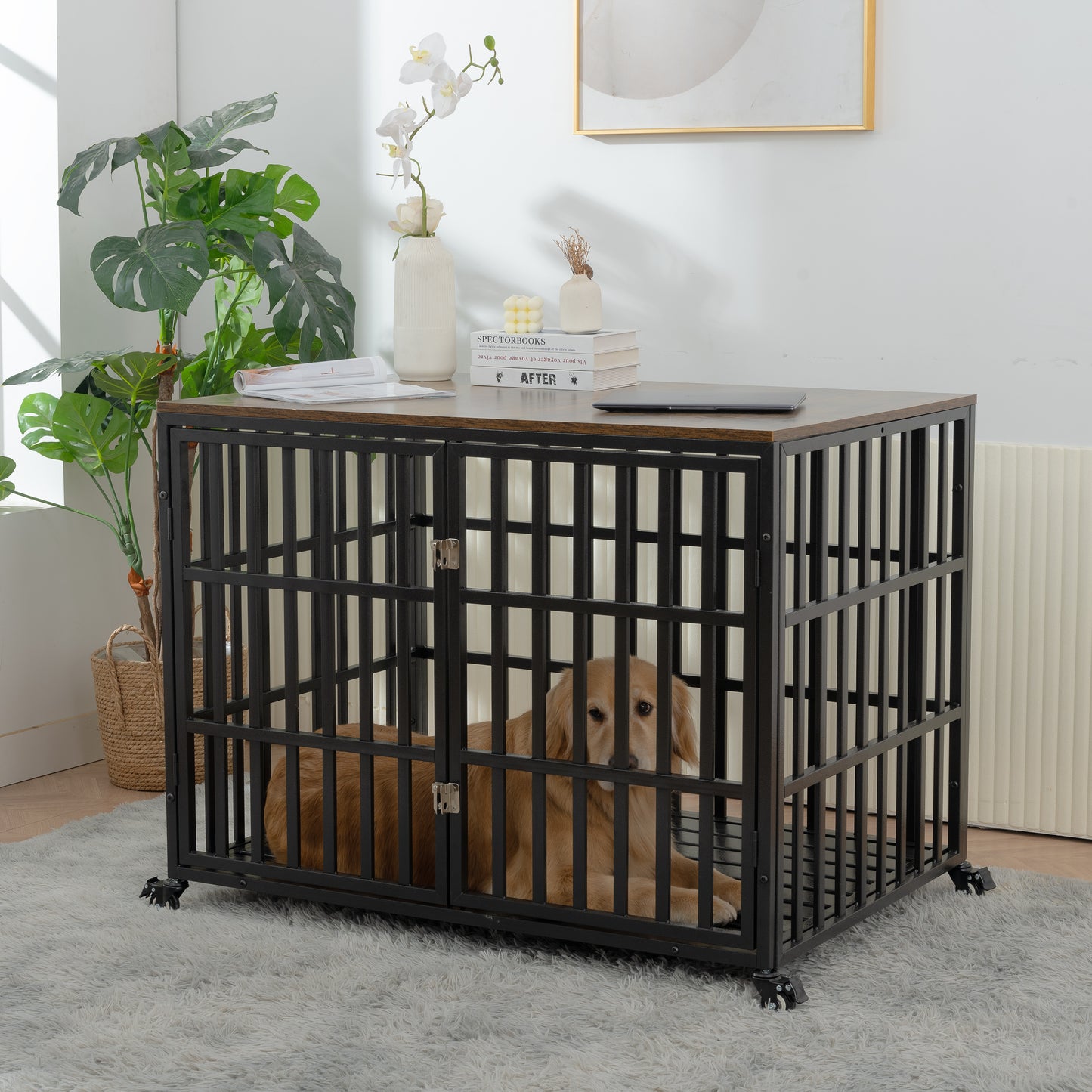 42" Heavy Duty Dog Crate for Large Medium Dogs, Furniture Style cage with 4 Lockable Wheels and 2 Locks, Decorative Pet House Wooden Cage Kennel Furniture Indoor