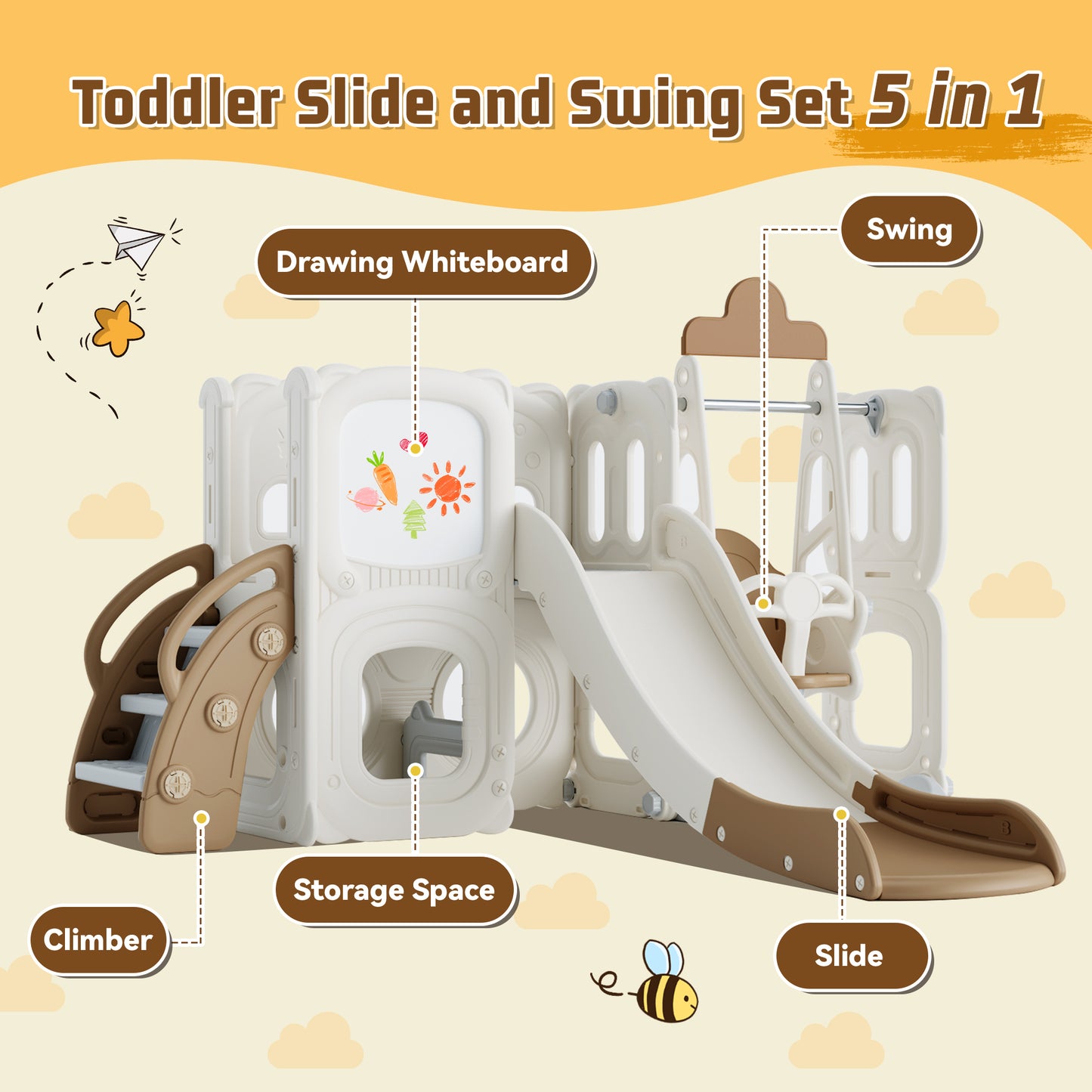 5 in 1 T
oddler Slide and Swing Set, Kids Playground Climber Slide Playset with Drawing Whiteboard, Freestanding Combination for Babies