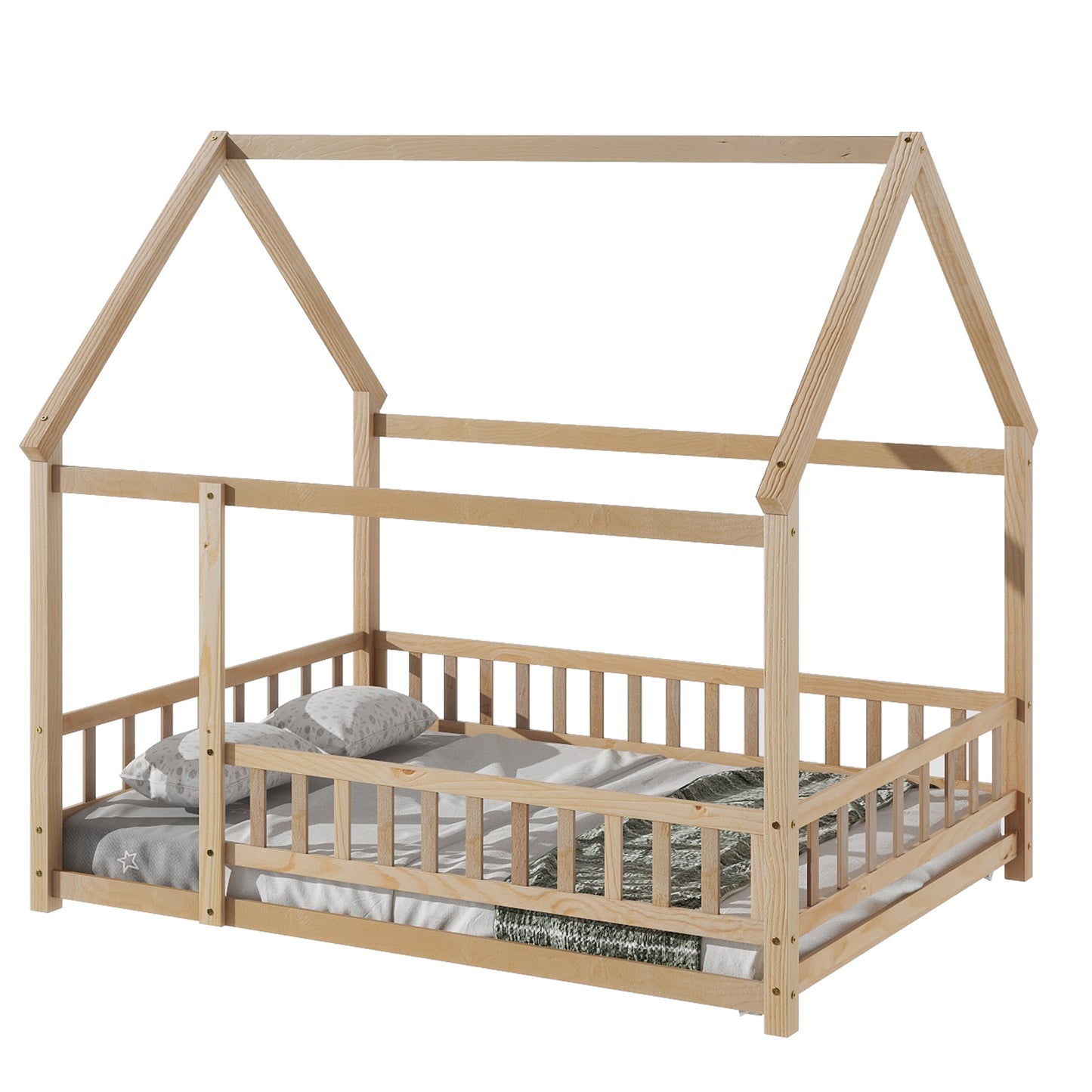 Full Size Floor Wooden Bed with House Roof Frame, Fence Guardrails ,Nartural(Old SKU:W504105242)