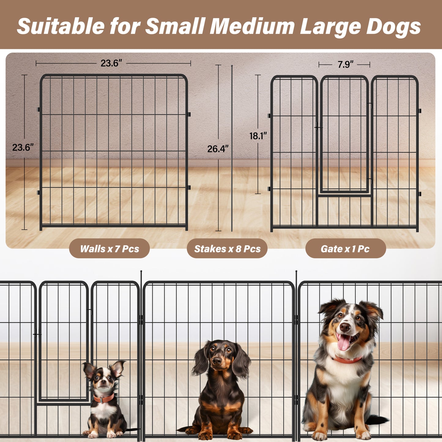 Dog Playpen Indoor Outdoor, 24" Height 8 Panels Fence with Anti-Rust Coating, Metal Heavy Portable Foldable Dog Pen for Large, Medium Small Dogs RV Yard Camping