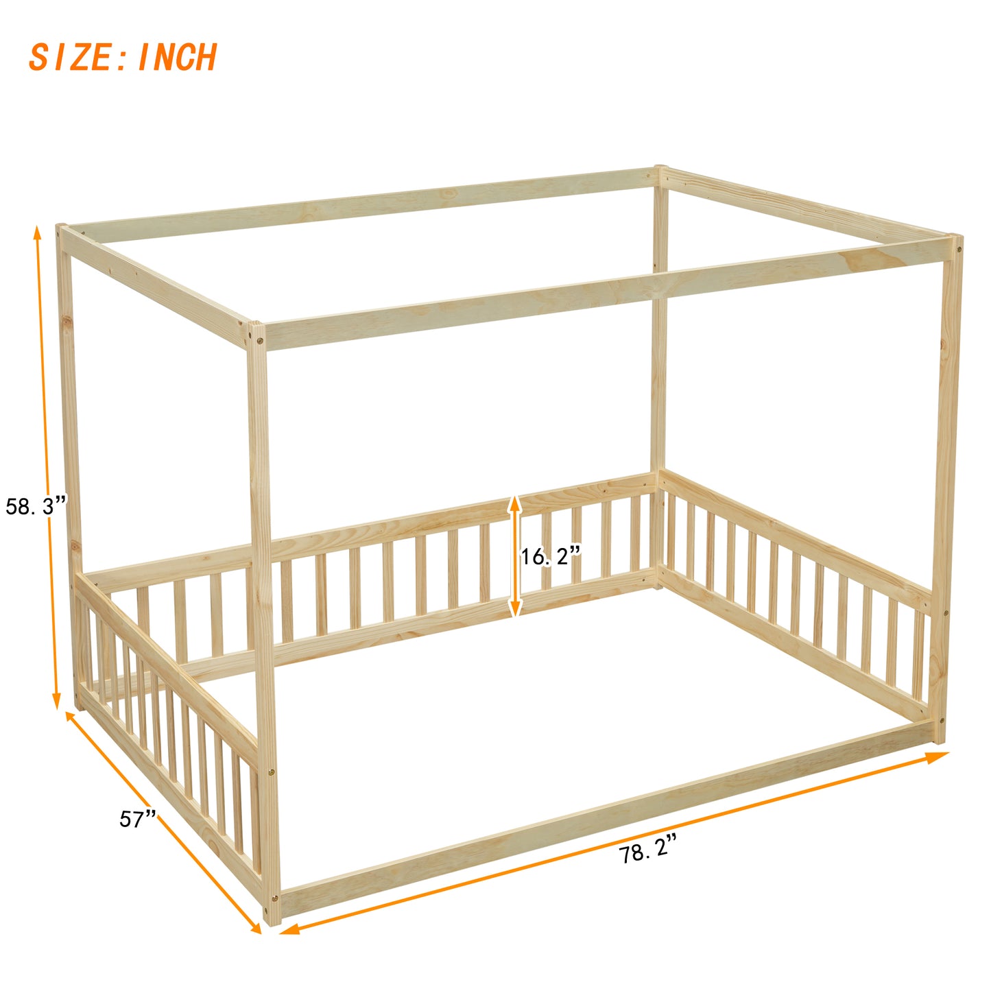 Full Size Canopy Frame Floor Bed with Fence, Guardrails,Natural