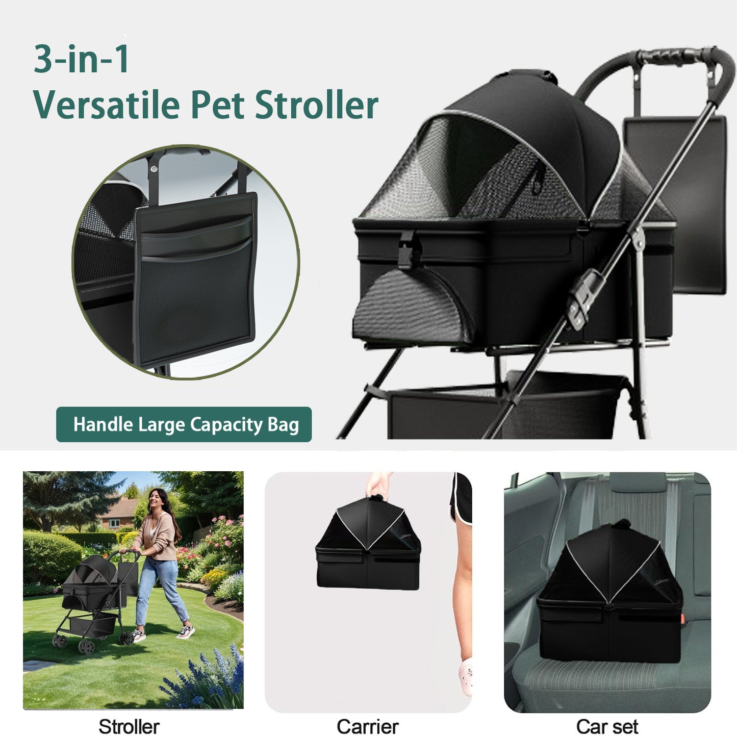 2 in 1 Folding Dog Stroller, Pet Folding Stroller, 4 Wheels Dog/Cat Puppy Stroller w/Removable Travel Carrier for Small/Medium Pet, Waterproof Pad, Car Seat, Sun Shade, Xmas Christmas Gift