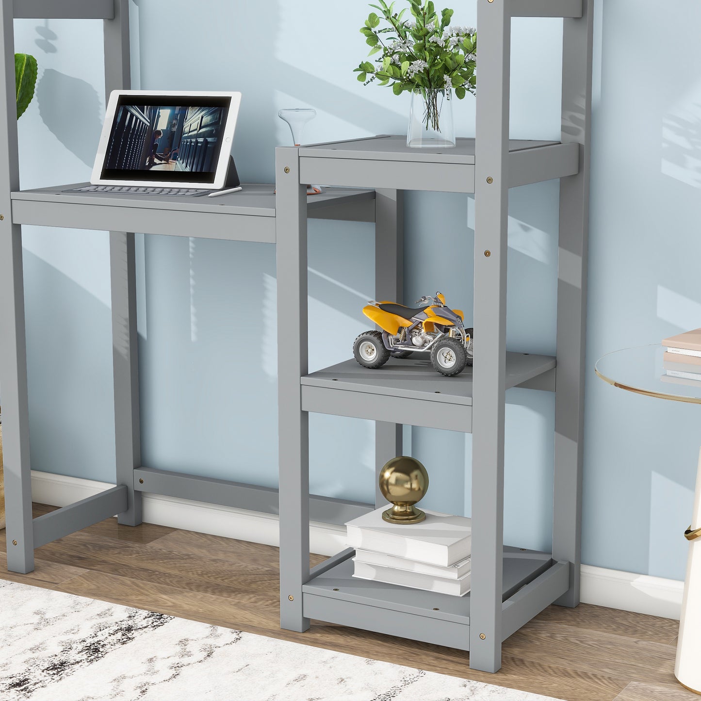 House-shaped Wooden writing Desk,Kids study Table,Bookshelf & Toy Storage,Grey