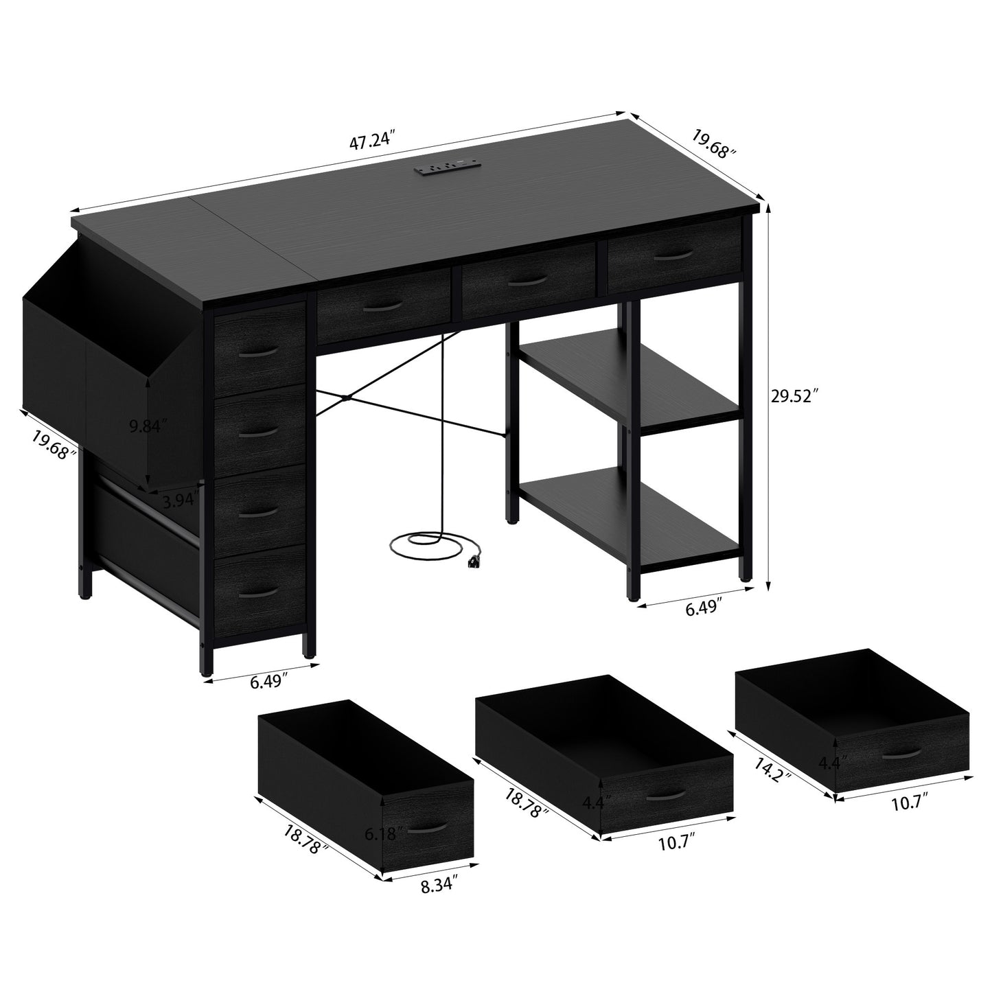 47" Computer Desk with 7 Drawers, Extra Large Side Pocket, and Power Outlets – Ideal for Home Office, Study, or Gaming –  Black