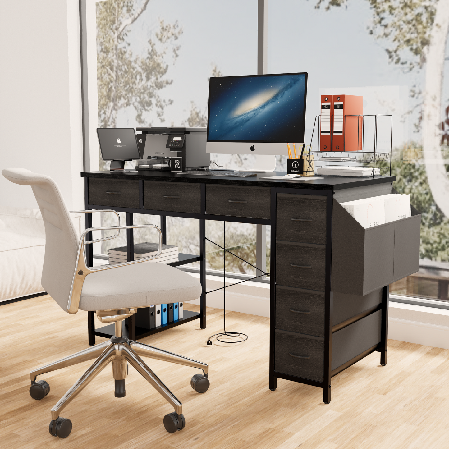 47" Computer Desk with 7 Drawers, Extra Large Side Pocket, and Power Outlets – Ideal for Home Office, Study, or Gaming –  Black