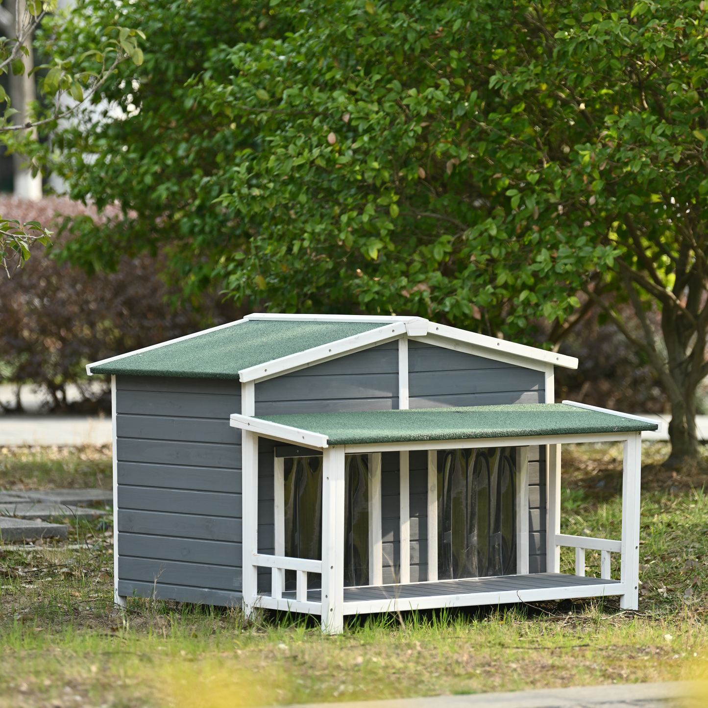 GO 47.2" Large Wooden Dog House Outdoor, Outdoor & Indoor Dog Crate, Cabin Style, With Porch, 2 Doors, Gray And Green