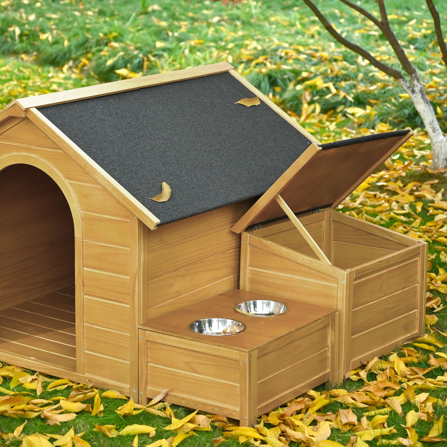 GO 51.18" L x 43.7" W x 37" H Large Size Wooden Dog House, Dog Crate For large dog breeds, Cabin Style Raised Dog Shelter with Asphalt Roof, Solid Wood, Weatherproof, Nature