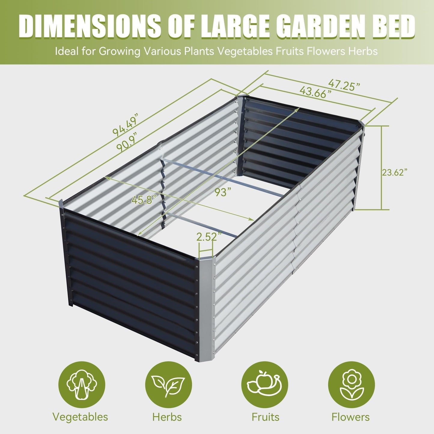 8x4x2 ft Galvanized Raised Garden Bed, Outdoor Planter Garden Boxes Large Metal Planter Box for Gardening Vegetables Fruits Flowers,Silver