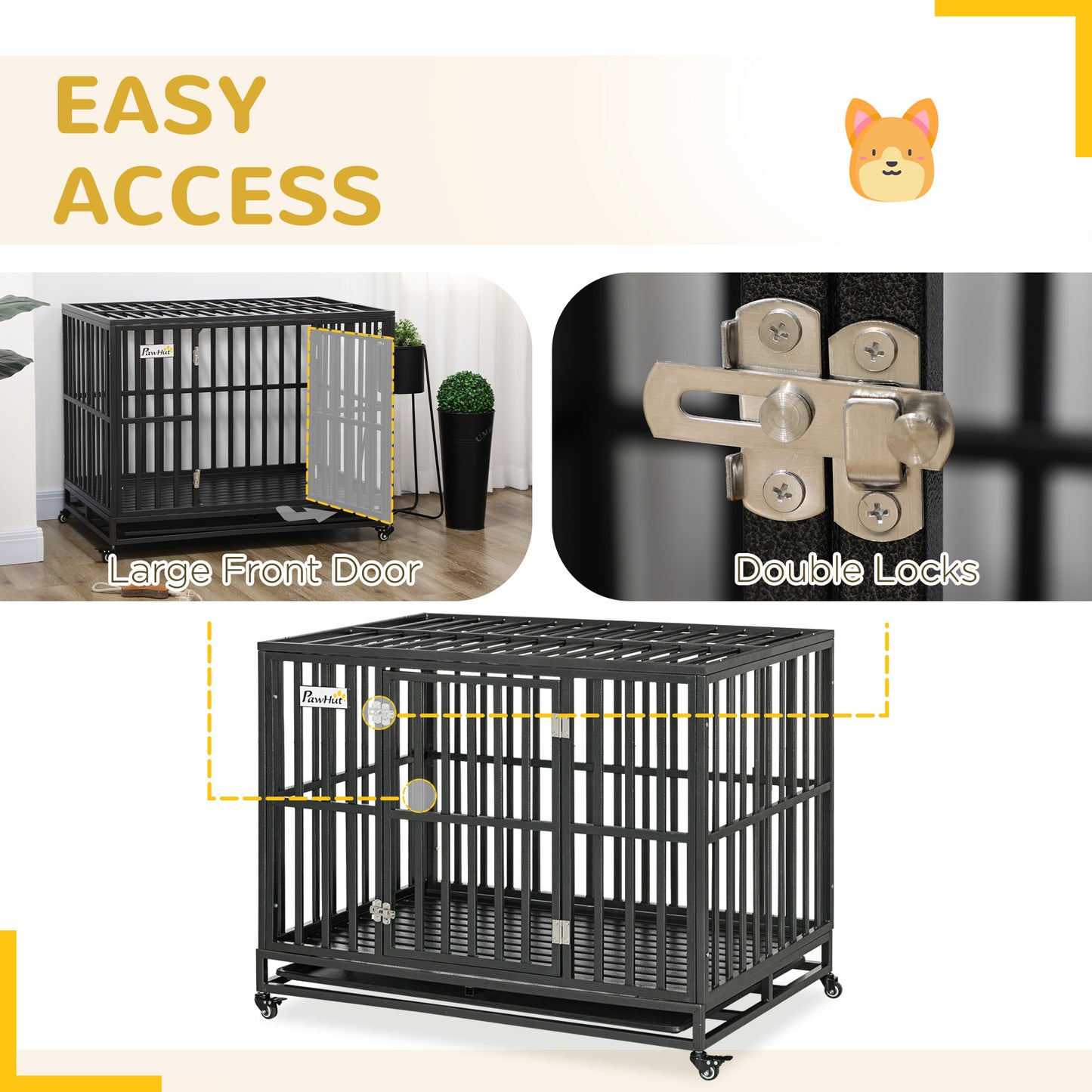 PawHut Heavy Duty Dog Crate Metal Kennel and Cage Dog Playpen with Lockable Wheels, Slide-out Tray and Anti-Pinching Floor, 45" x 29.5" x 35"