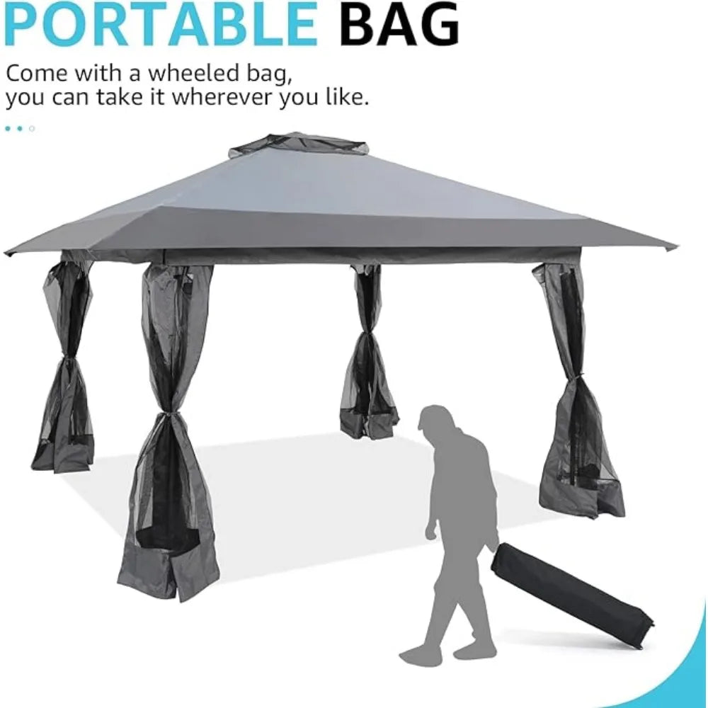 13x13 Ft Pop Up Gazebo, Outdoor Canopy Tent Shade with Metal Frame Mosquito Netting for Patio, Garden, Lawn, Backyard, Gray