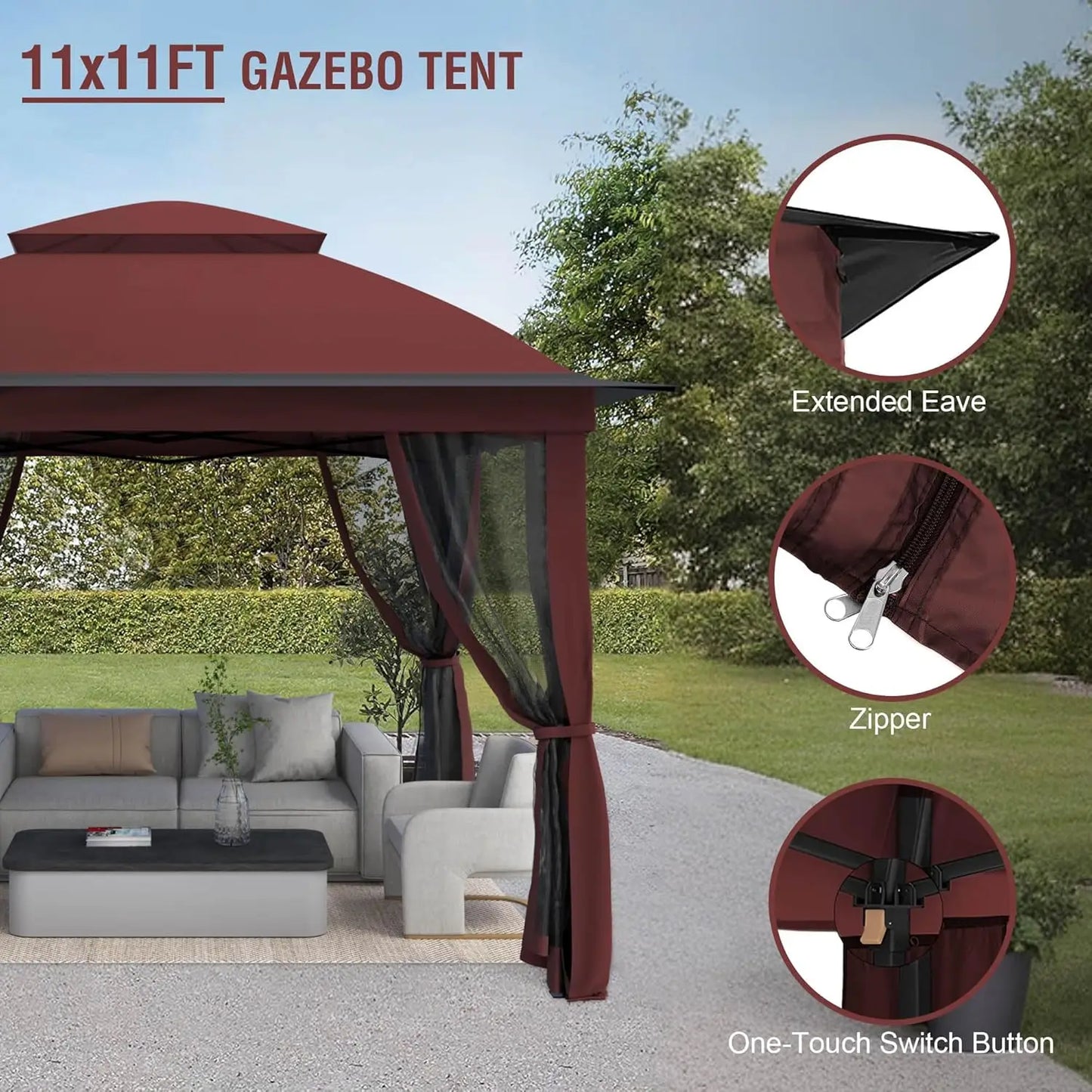 11x11 Pop Up Gazebo Outdoor Instant Canopy Shelter Tent w/Mosquito Netting Metal Frame Storage Bag for Patio Garden Backyard,Red