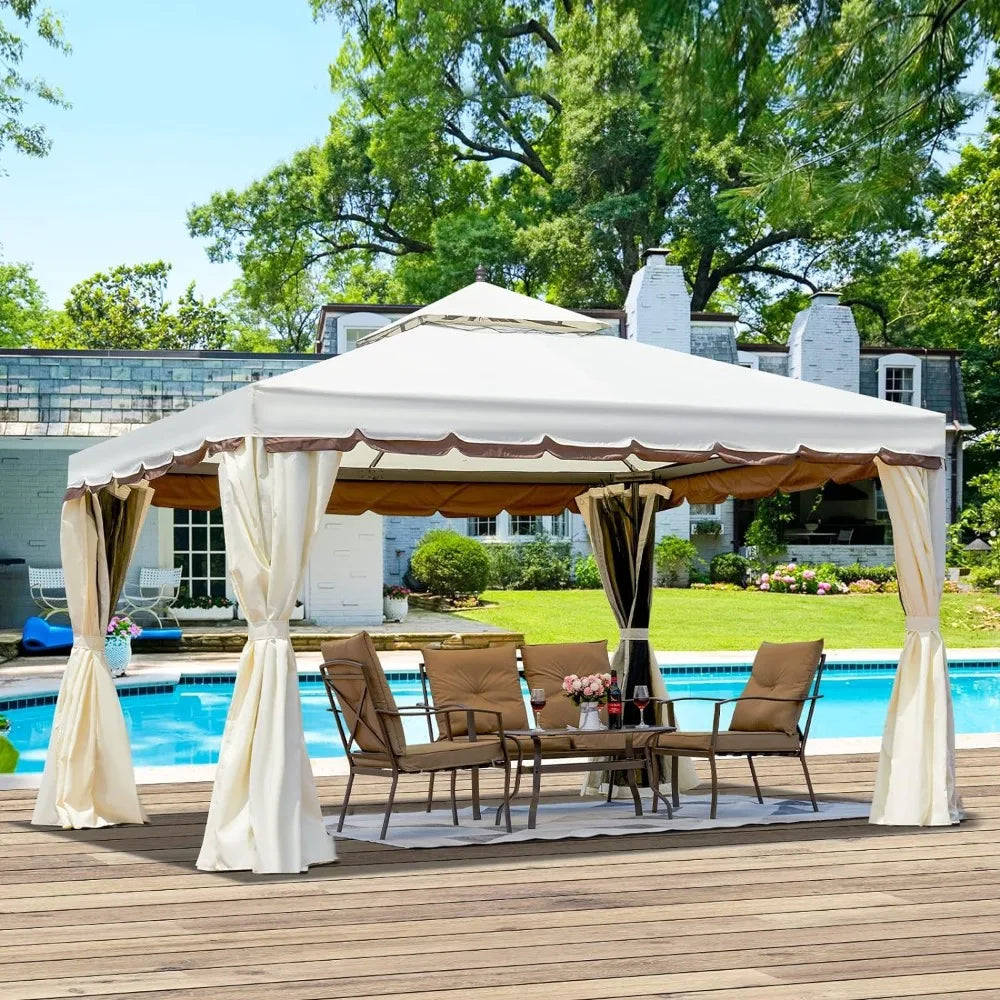 Outdoor Canopy Gazebo, Double Roof Patio Gazebo Steel Frame with Netting and Shade Curtains for Garden,Patio,Party Canopy