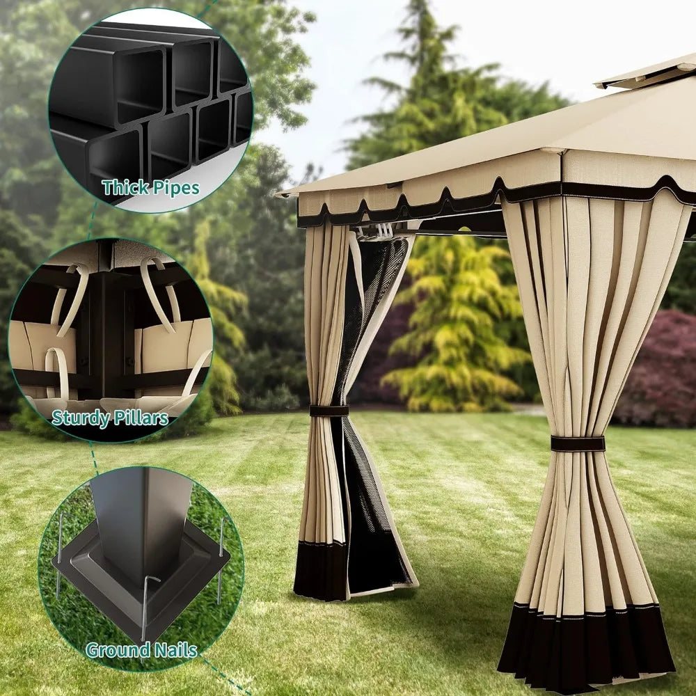 Patio Gazebo,Netting & Curtains, Soft Fabric Top Garden Winds Tent with Steel Frame, Outdoor Double Roof Canopy 10x10ft Gazebo