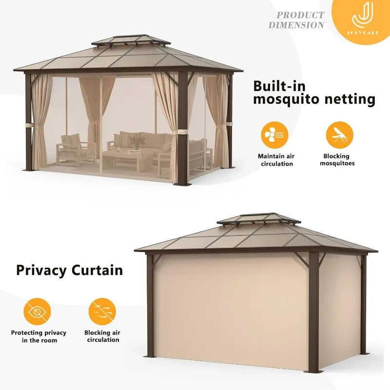 10'x12' Hardtop Gazebo Double Roof Gazebo Aluminum Frame Permanent Pavilion with Netting and Curtains Outdoor Polycarbonate