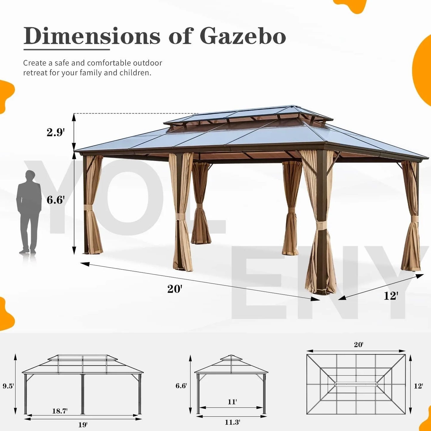 12'x20' Hardtop Gazebo, Outdoor Polycarbonate Double Roof Canopy, Aluminum Frame Permanent Pavilion with Curtains and Netting