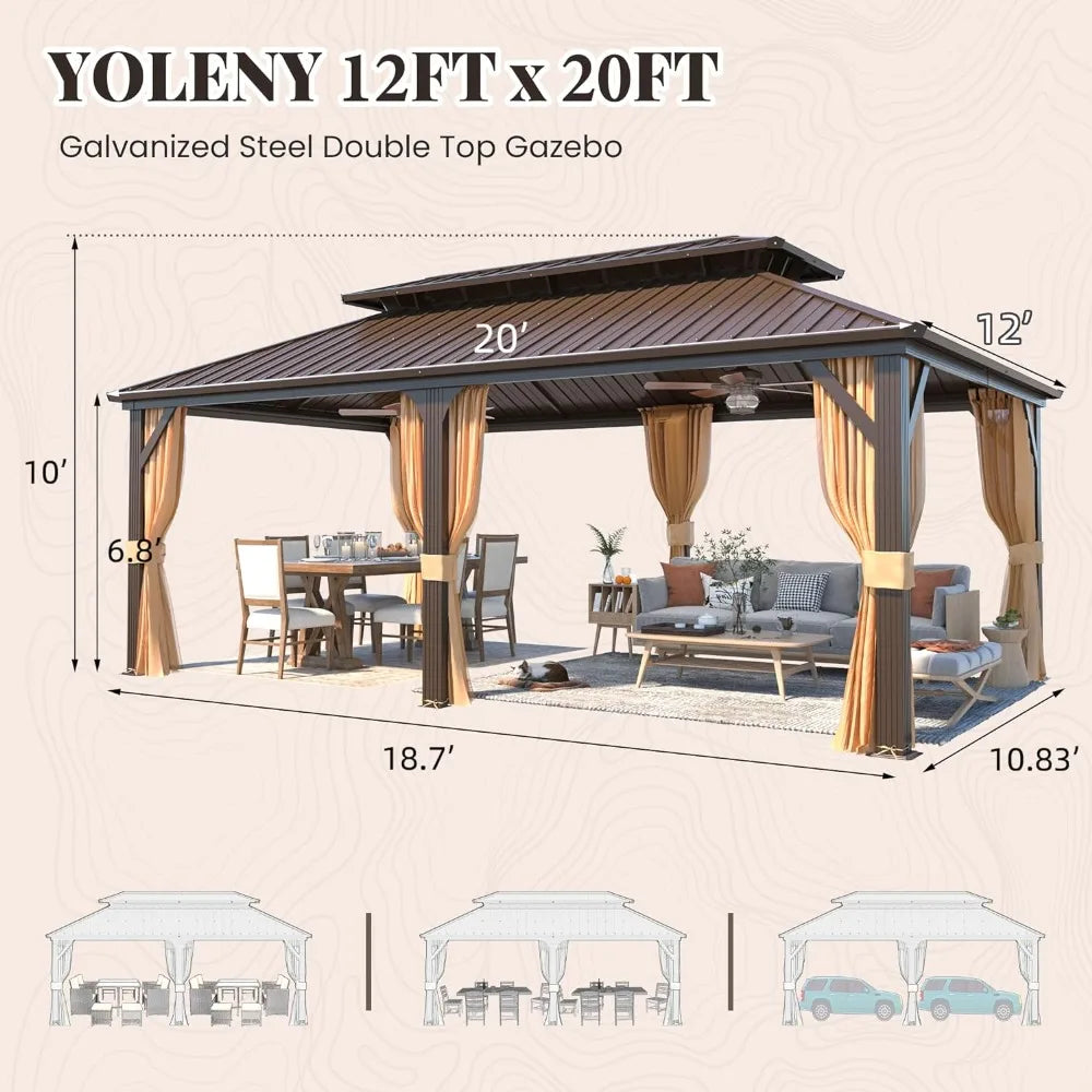 12' X 20' Hardtop Gazebo, Galvanized Steel Ventilation Double Roof Aluminum Frame, Curtains and Netting Included, Outdoor Gazebo