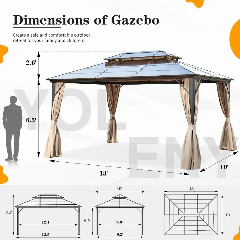 10'x13' Hardtop Gazebo, Outdoor Polycarbonate Double Roof Canopy, Aluminum Frame Permanent Pavilion with Curtains