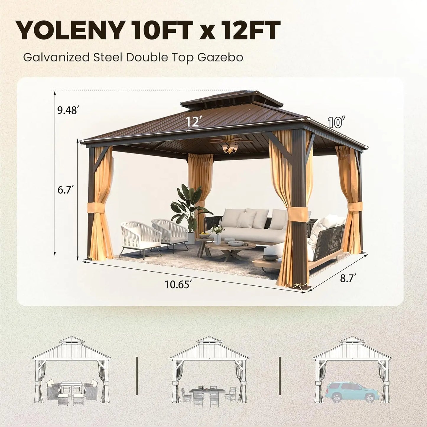 Gazebo Hardtop Gazebo with Aluminum Frame Double Galvanized Steel Roof Curtains and Netting Included Metal Gazebos