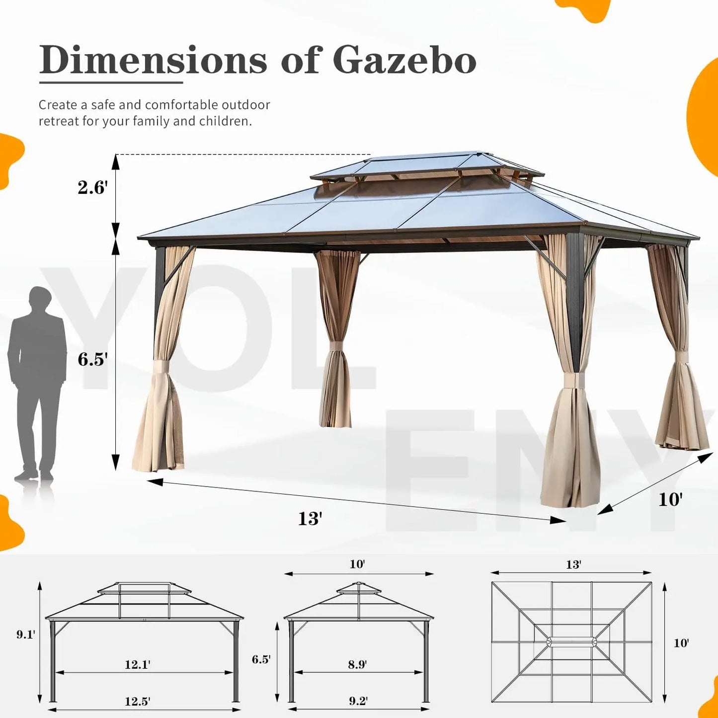 10'x13' Hardtop Gazebo Outdoor Polycarbonate Double Roof Canopy Aluminum Frame Permanent Pavilion with Curtains and Netting