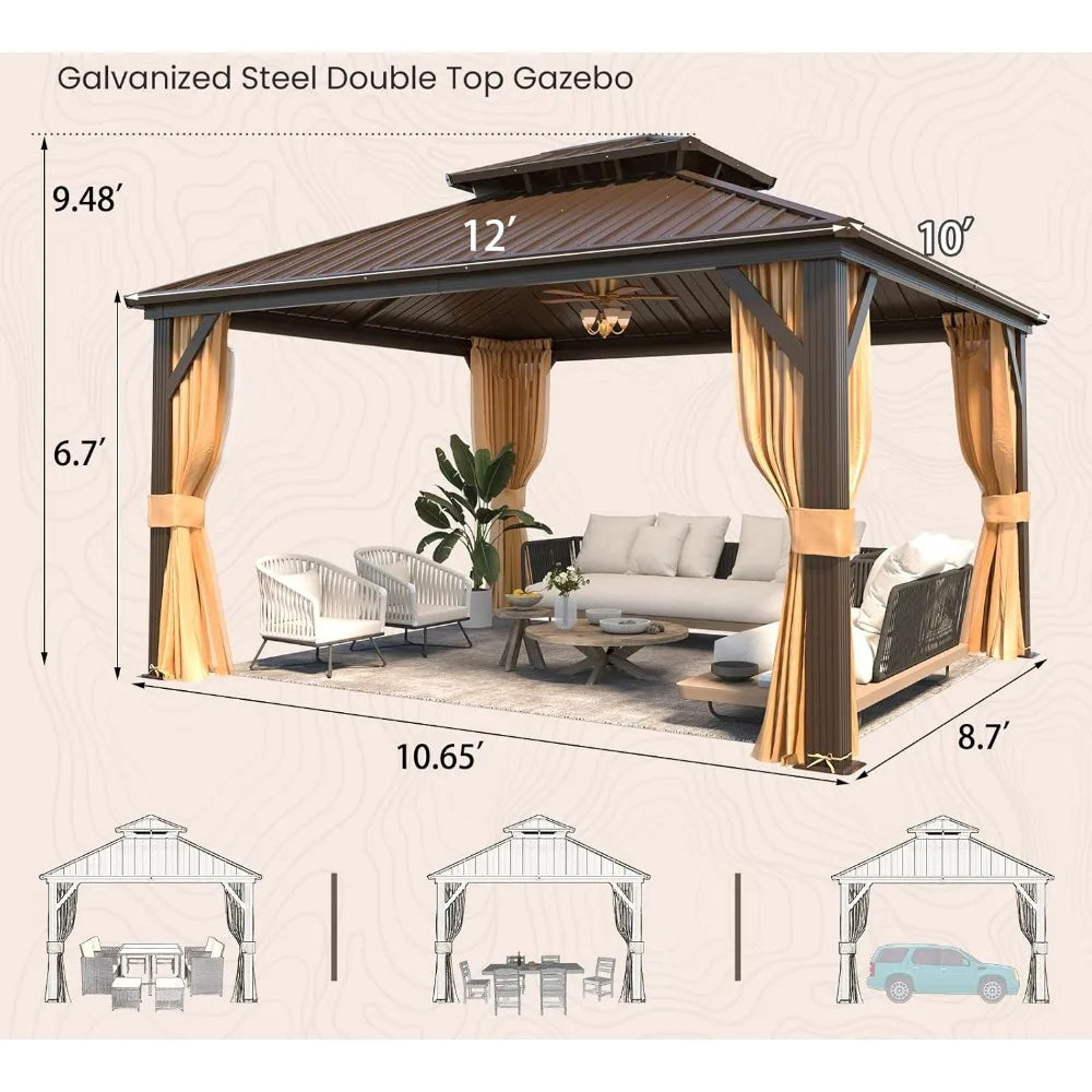 10' x 12' Hardtop Gazebo, Metal Gazebo with Aluminum Frame, Double Galvanized Steel Roof, Curtains and Netting Included