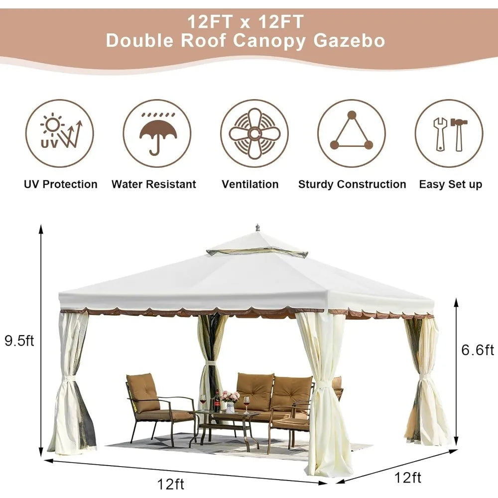 Outdoor Canopy Gazebo, Double Roof Patio Gazebo Steel Frame with Netting and Shade Curtains for Garden,Patio,Party Canopy