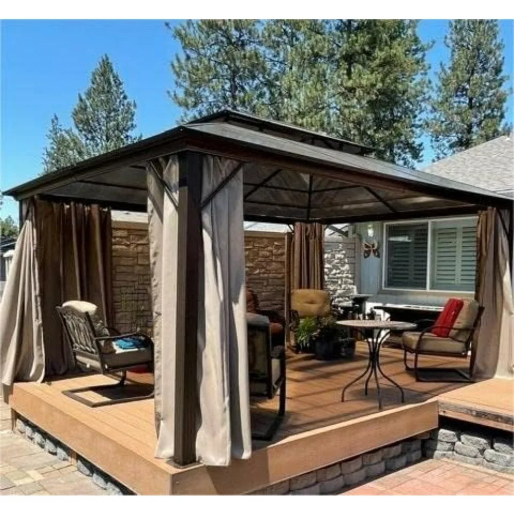 10'x13' Hardtop Gazebo, Outdoor Polycarbonate Double Roof Canopy, Aluminum Frame Permanent Pavilion with Curtains and Pergola