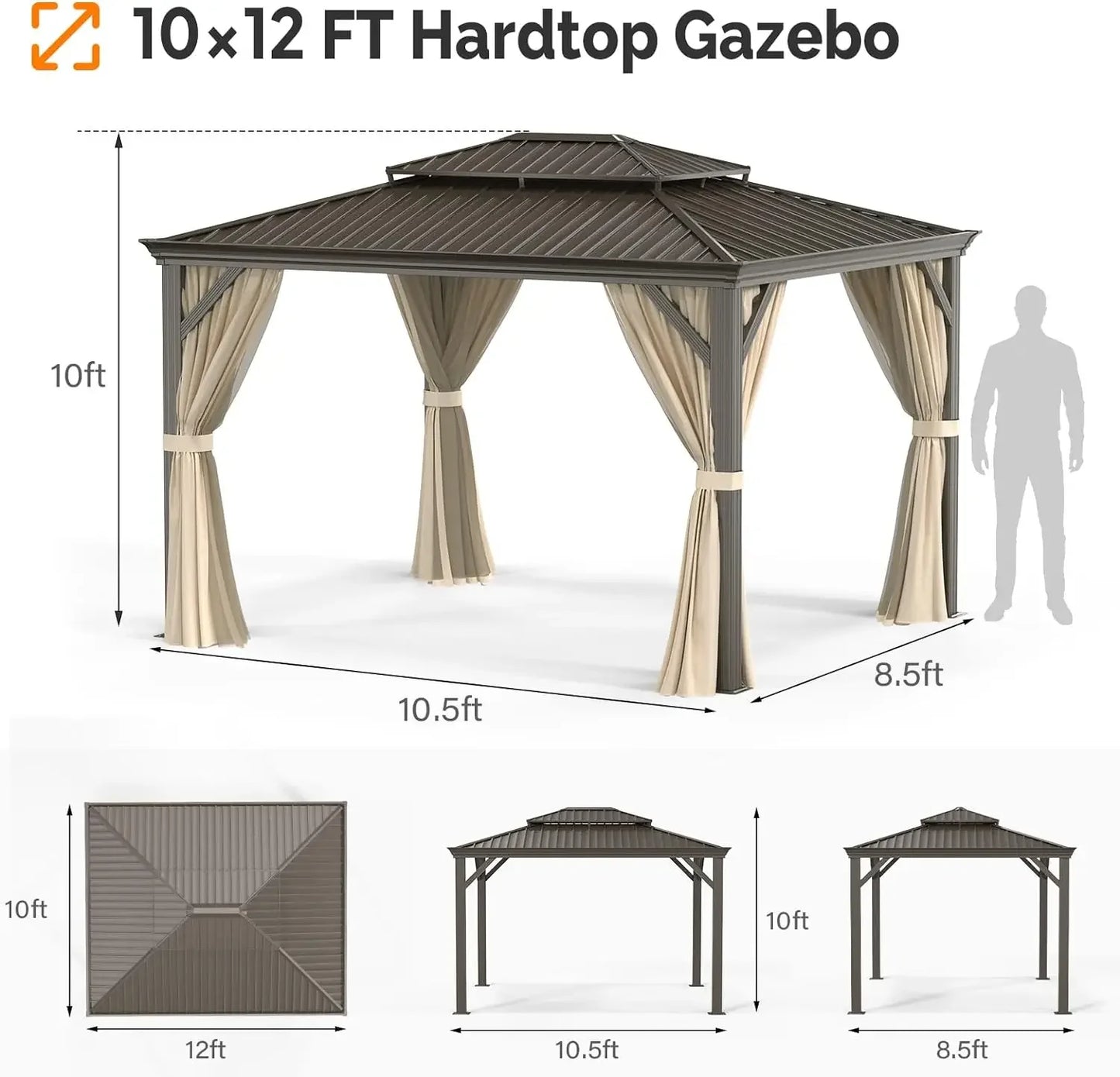 10’ x 12’/10’ x 13’ Outdoor Hardtop Gazebo Polycarbonate Double Roof Canopy Aluminum Frame Pavilion with Curtains