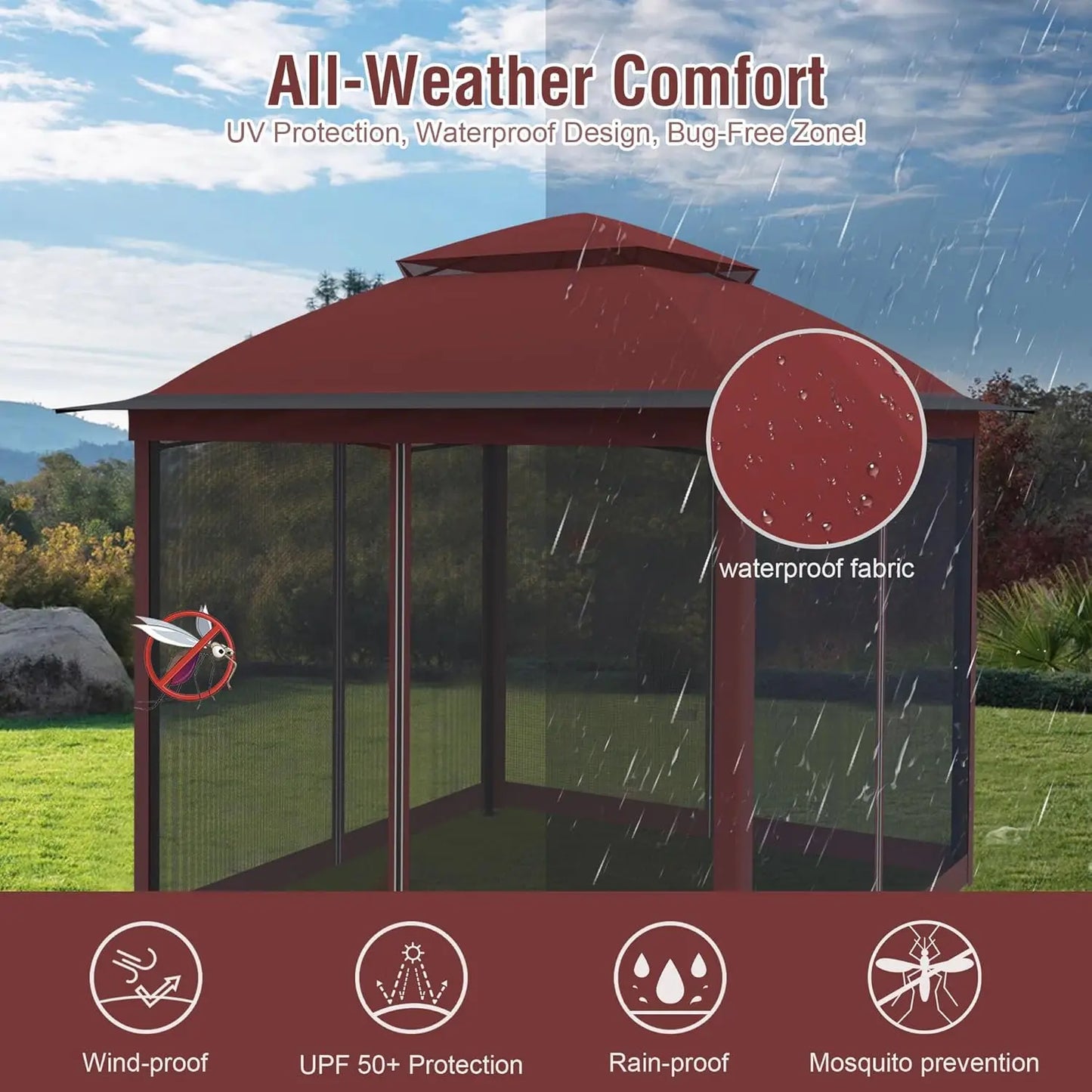 11x11 Pop Up Gazebo Outdoor Instant Canopy Shelter Tent w/Mosquito Netting Metal Frame Storage Bag for Patio Garden Backyard,Red